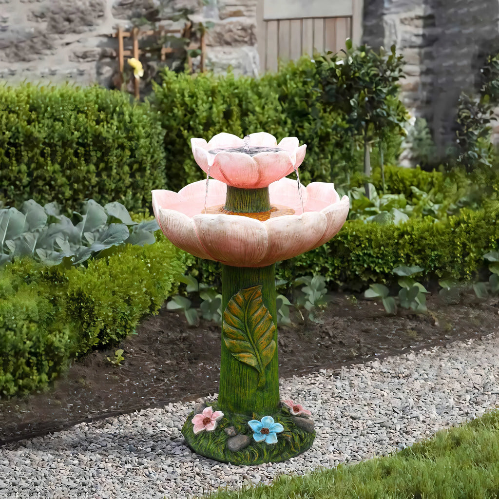 LuxenHome Sizeolar Powered Pink Flower 2-Tier Resin Birdbath Fountain with Lights