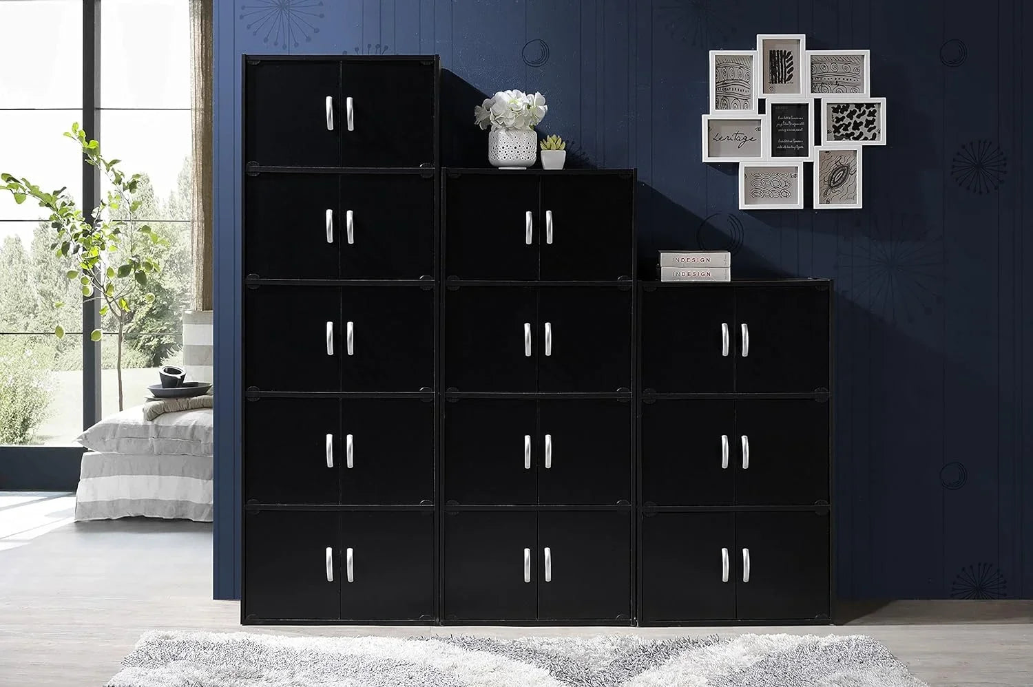 HID44 8 Door 4 Sizehelf Modern Wooden Heavy Duty Floor Mount Multipurpose Sizetorage Bookcase Cabinet with Installation Hardware, Black