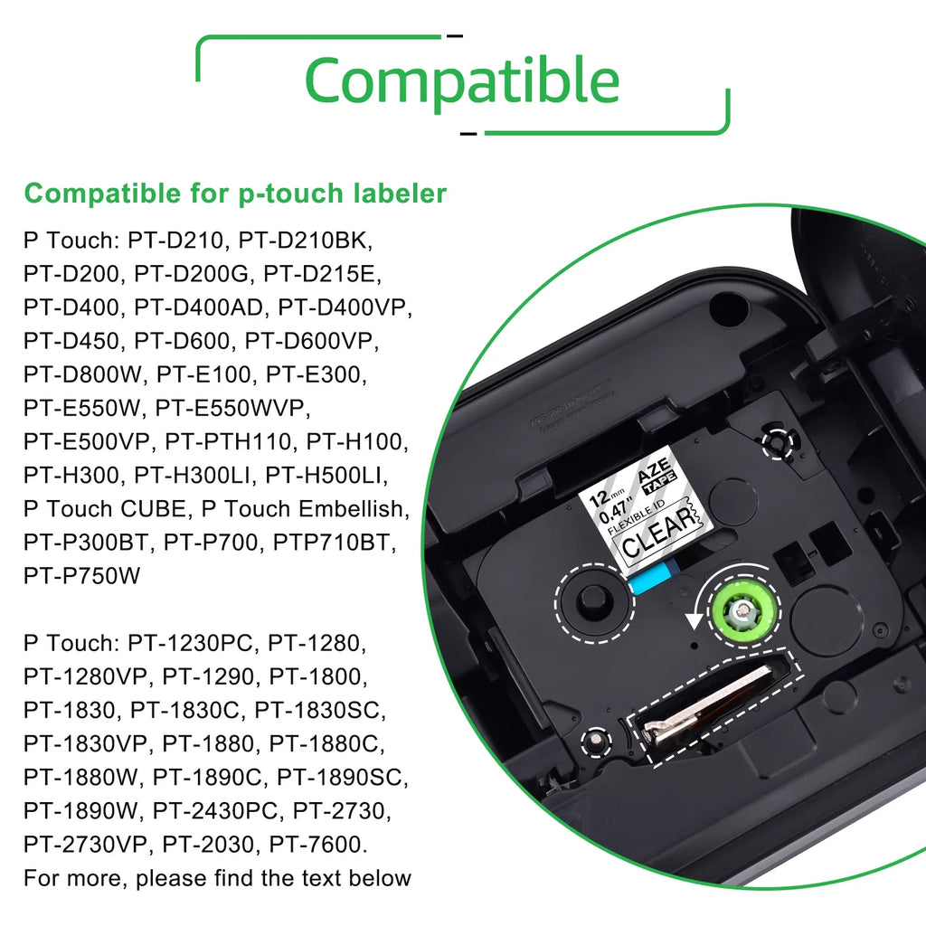 GREENCYCLE 30PK Compatible for Brother P-touch 12mm x 8m Black on Clear TZ TZe TZe-FX131 TZ-FX131 TZe-131 TZ-131 Flexible ID Cable Wire Label Tape