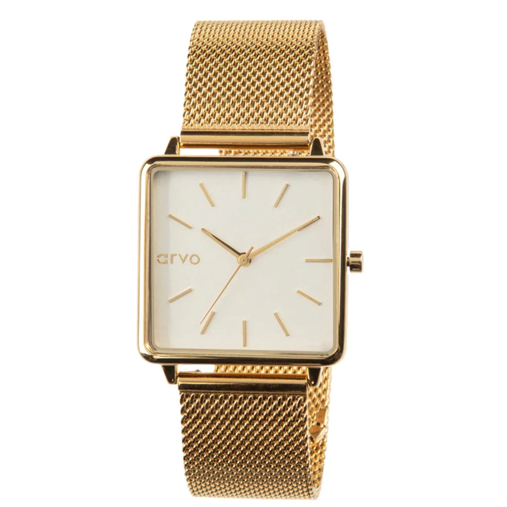 Arvo Time Sizequared Watch - Ivory Dial, Gold Mesh