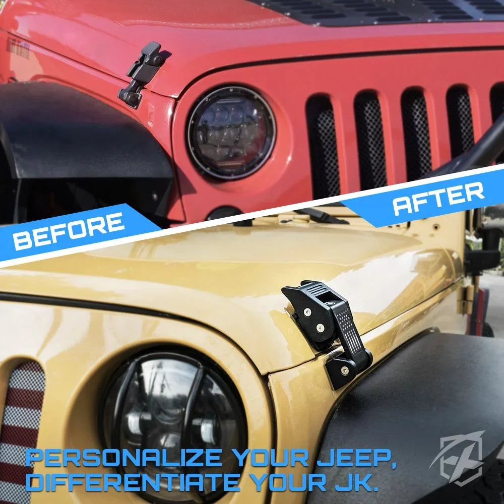 Xprite Black Aluminum Hood Latch Kit with U.Size. Flag for 2007-2018 Jeep Wrangler JK & 2018+ Jeep Wrangler JL