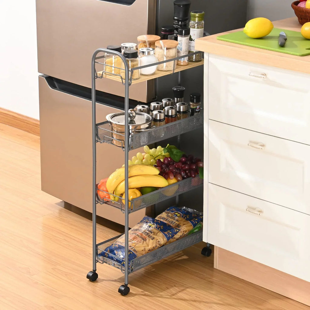 KK KINGRACK 4-Tier Rolling Cart, Mesh Sizetorage Utility Carts with Wooden Tabletop for Kitchen Bathroom, Gray