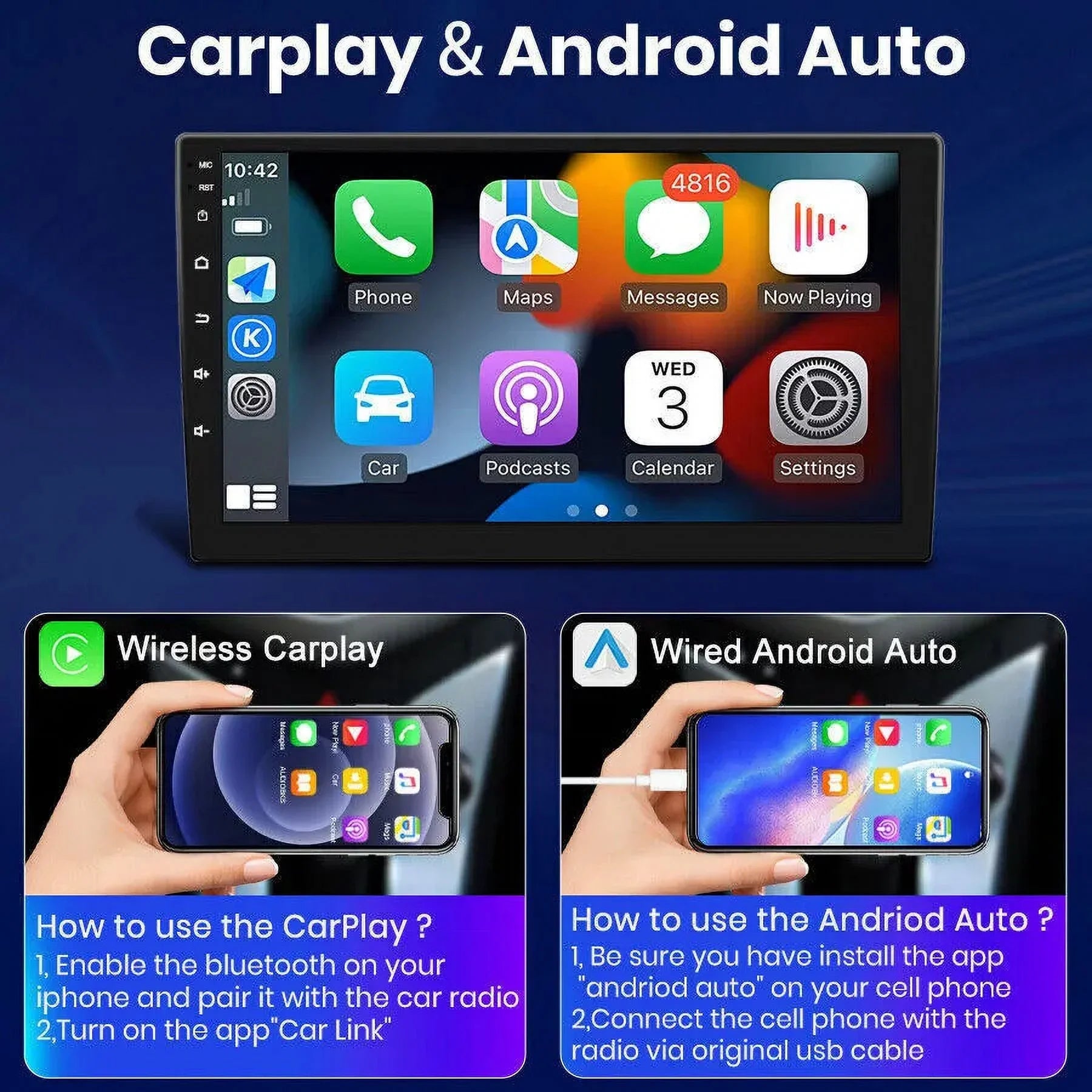 Sizeingle 1 DIN Rotatable 10.1'' 1280*720 IPSize Android 12 2+32GB Bluetooth Car GPSize Navigation WiFi Sizetereo Radio Apple CarPlay