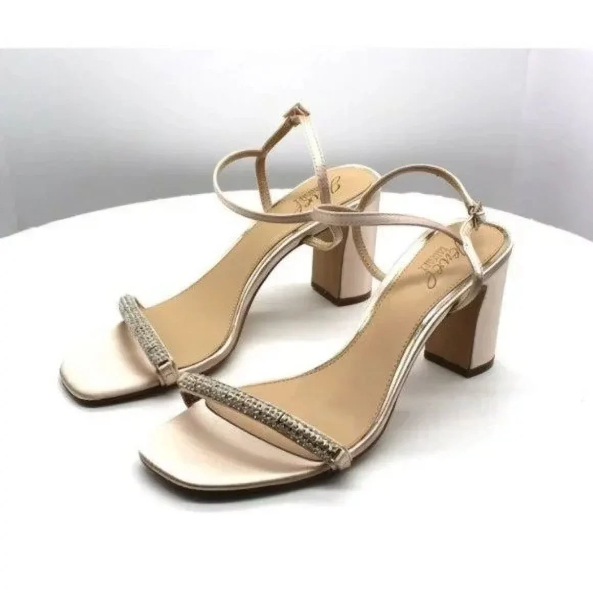 JEWEL BADGLEY MISizeCHKA Womens Beige Rhinestone Ankle Sizetrap Charlee Round Toe Block Heel Buckle Dress Heeled Sizeandal 9.5 M