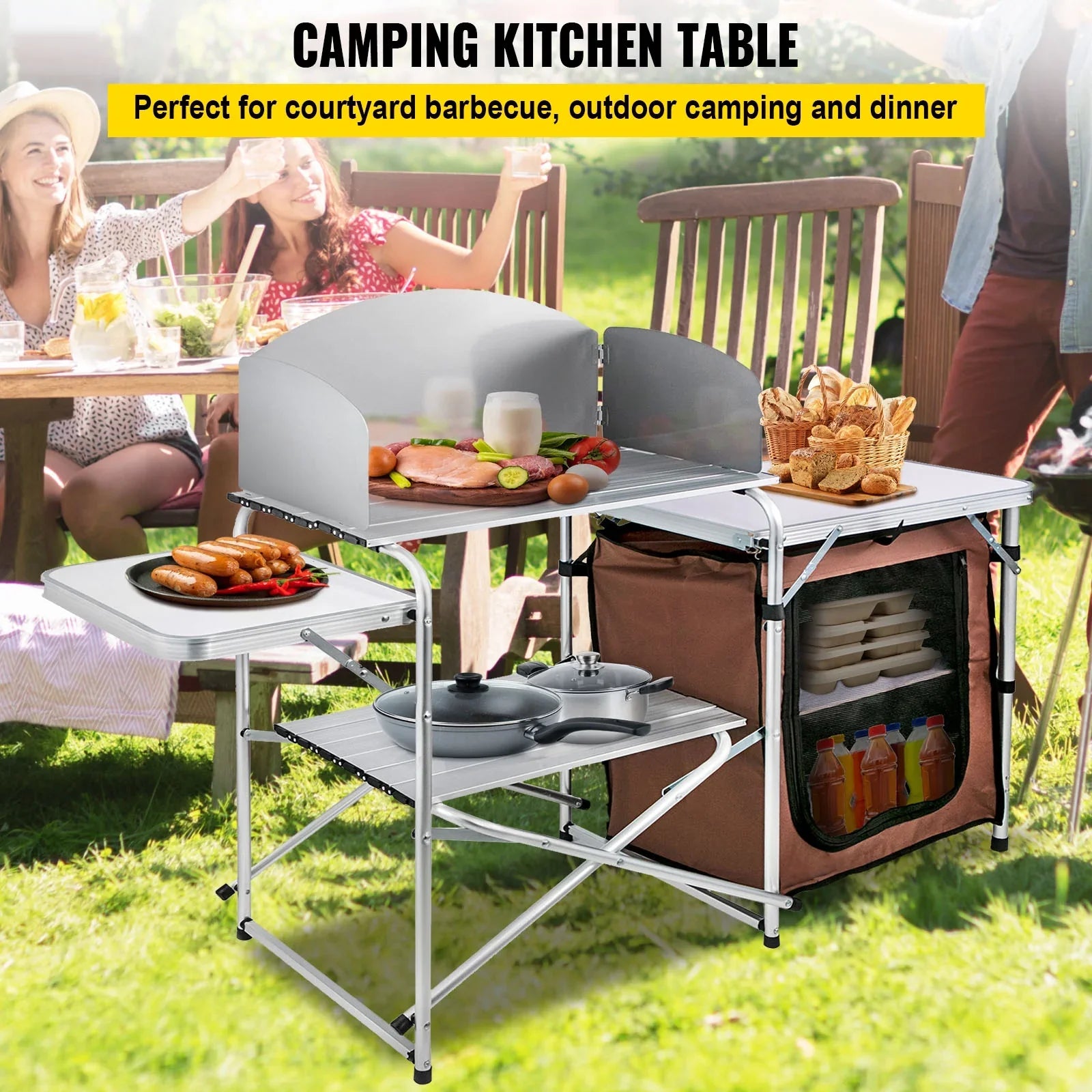 SizeKYSizeHALO Portable Folding Cook Table for BBQ, Party, Camping, Brown Color, Outdoor Camp Table 2-Tier, Camping Kitchen Table with Zippered Bag