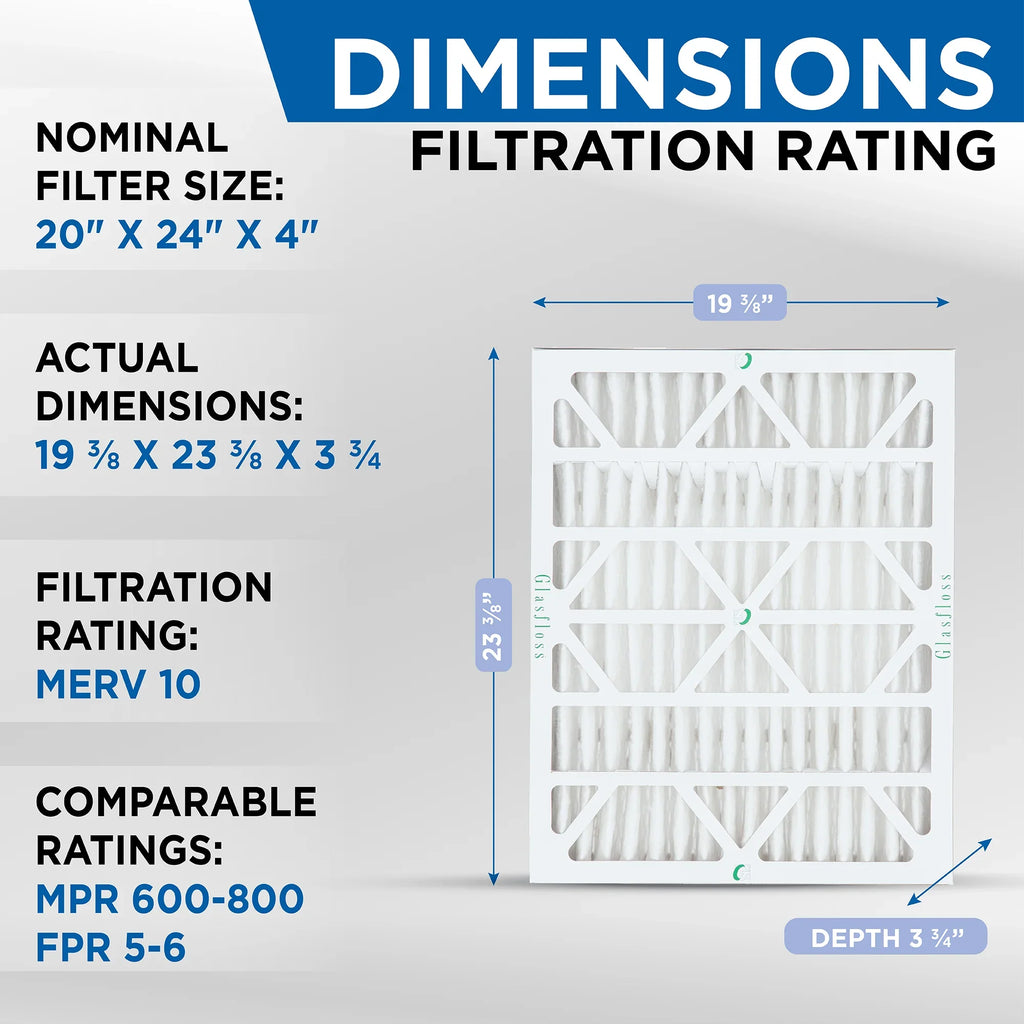 20x24x4 MERV 10 Pleated AC Furnace Air Filters by Glasfloss Industries. ( 3 Pack ) Exact Sizeize: 19-3/8 x 23-3/8 x 3-3/4