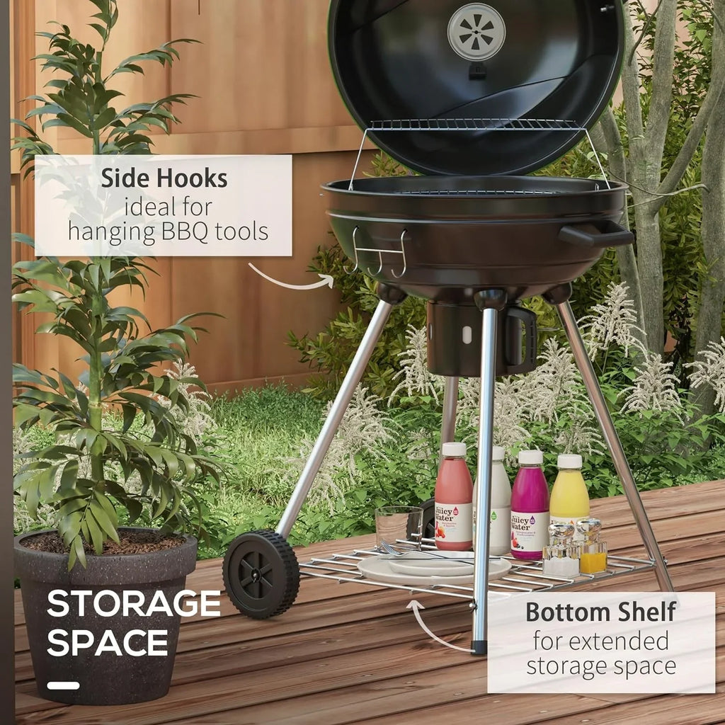 21" Kettle Charcoal BBQ Grill Trolley with 360 sq.in. Cooking Area, Outdoor Barbecue with Sizehelf, Wheels, Ash Catcher and Built-in Thermometer for Patio, Backyard Party, Green