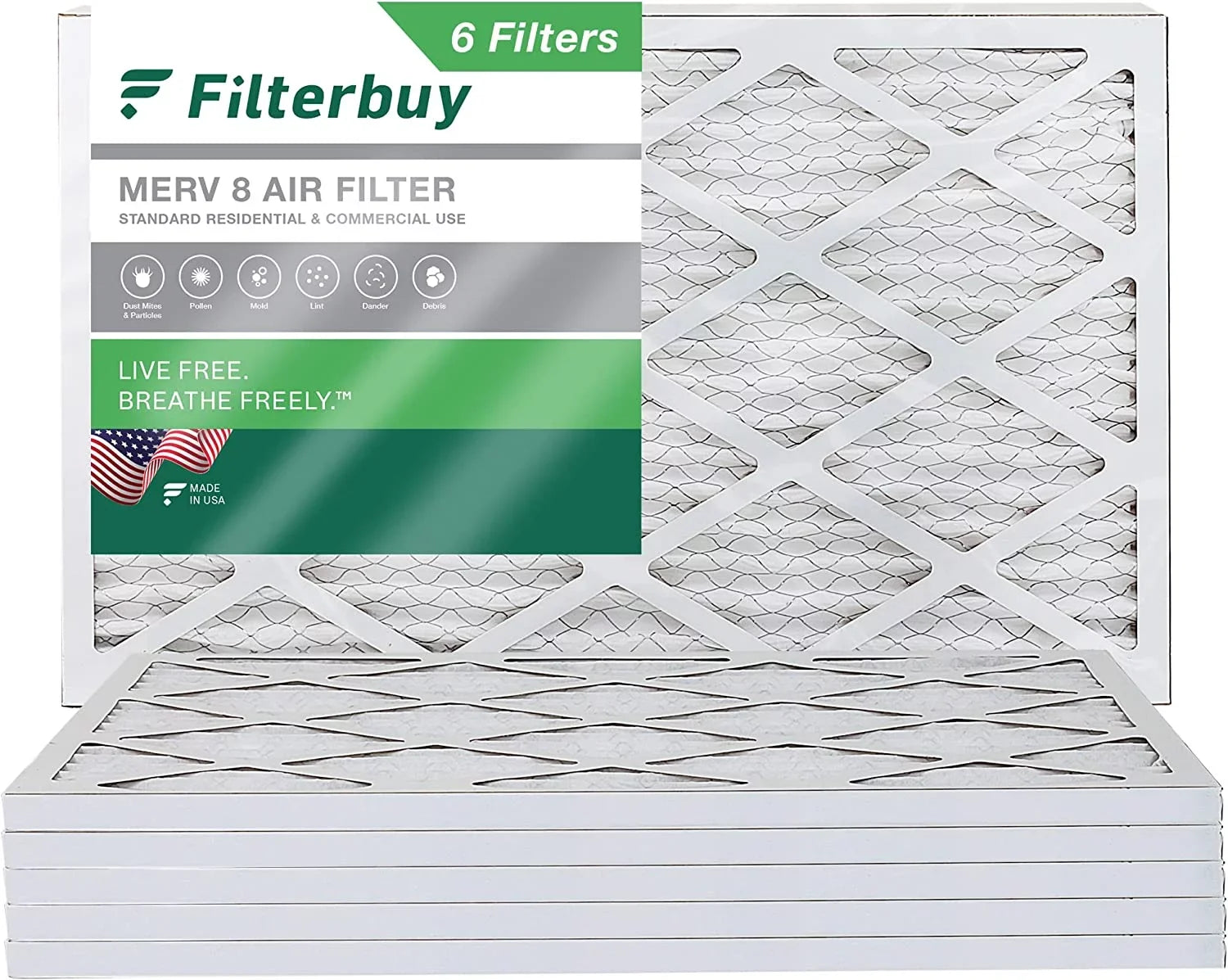 Filterbuy 8x20x1 MERV 8 Pleated HVAC AC Furnace Air Filters (6-Pack)