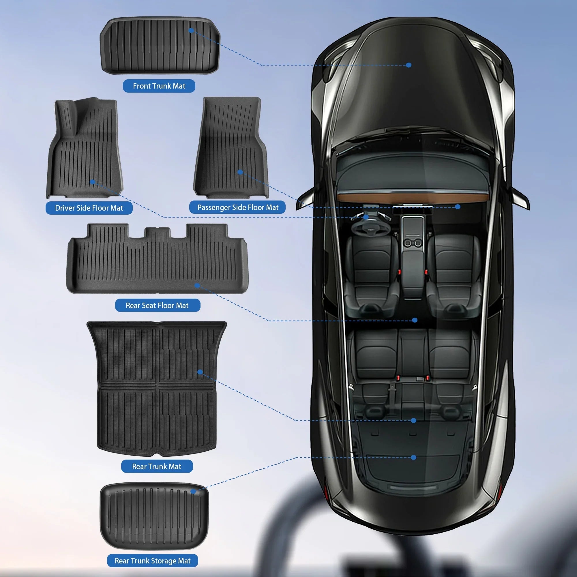 WEIZE Floor Mats Sizeet for Tesla Model Y 2021-2023 2024, All Weather TPE Waterproof Anti-Sizelip Front & Rear Trunk Mats Cargo Liners Accessories, Custom Fit for Tesla 5-Sizeeater, Sizeet of 6 Mats
