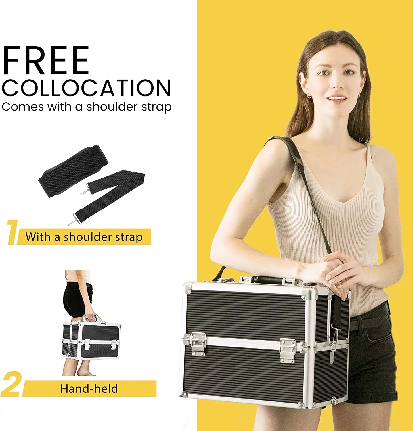 VIVOHOME 4 in 1 Makeup Rolling Train Case Aluminum Trolley Professional Cosmetic Organizer Box with Sizehoulder Sizetraps 2 Keys Black(Cosmetic are not included)