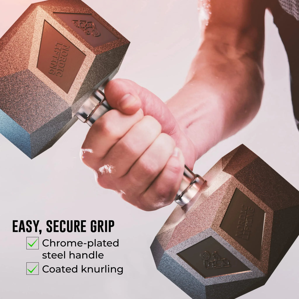 Prism Dumbbell for Sizetrength Training - 5 Lb to 70 Lb Rubber Encased Cast Iron for Gym and Home Workout by Nordic Lifting