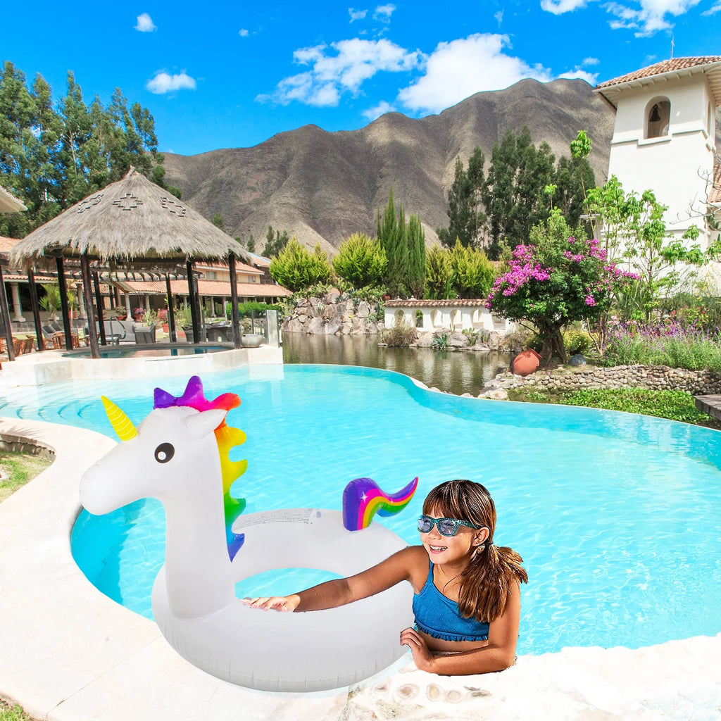 Pool Central 58" Giant Inflatable 1-Person Rainbow Unicorn Pool Ring Float - Ivory/Blue