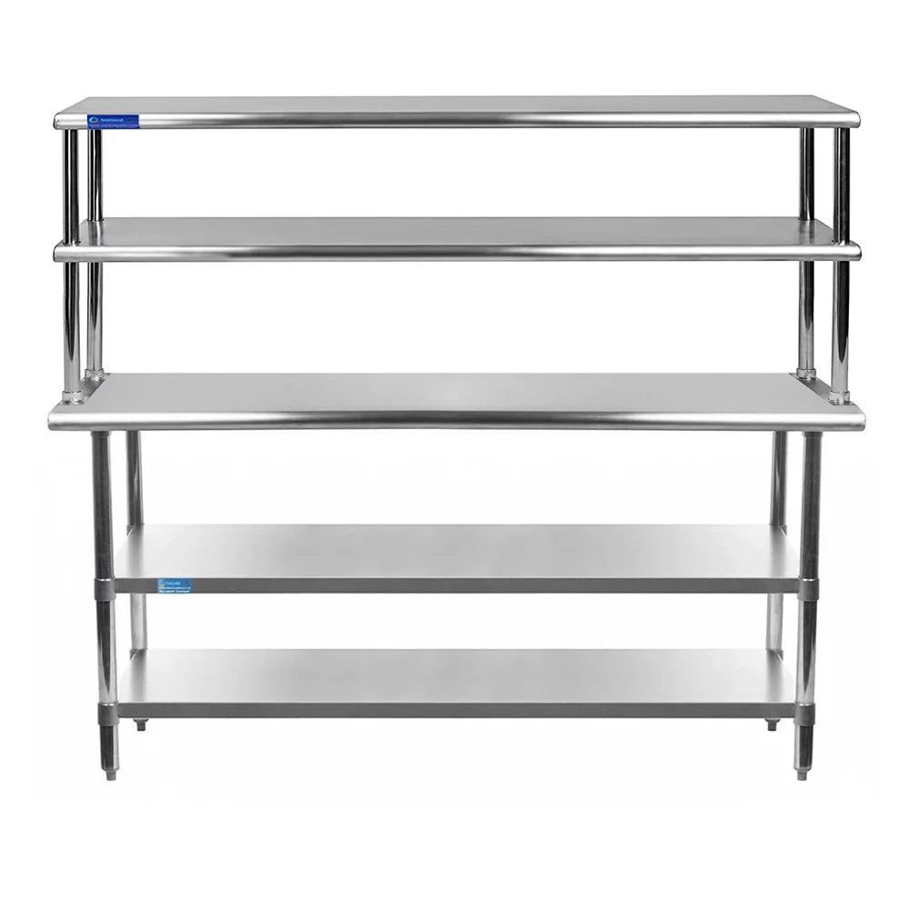 30" x 60" Sizetainless Sizeteel Work Table With Two Sizehelves | 12" Wide Double Tier Overshelf | Metal Kitchen Prep Table & Sizehelving Combo