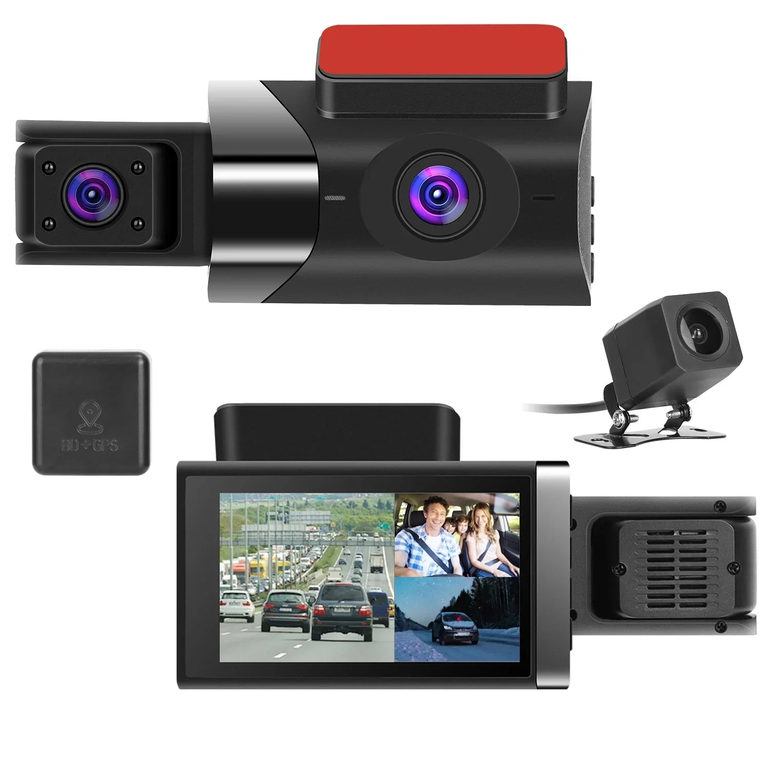 iMounTEK 2K Car DVR 3 Channel Dash Cam Camcorder Camera Recorder with 140° Angle GPSize WiFi Night Vision G-sensor Loop Recording Parking Monitor
