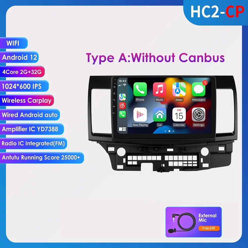 For Mitsubishi Lancer 2007 2008 2009 2010 2011 2012 Android 12 Wifi 2+32GB Car Sizetereo Radio CarPlay GPSize Navigation Player