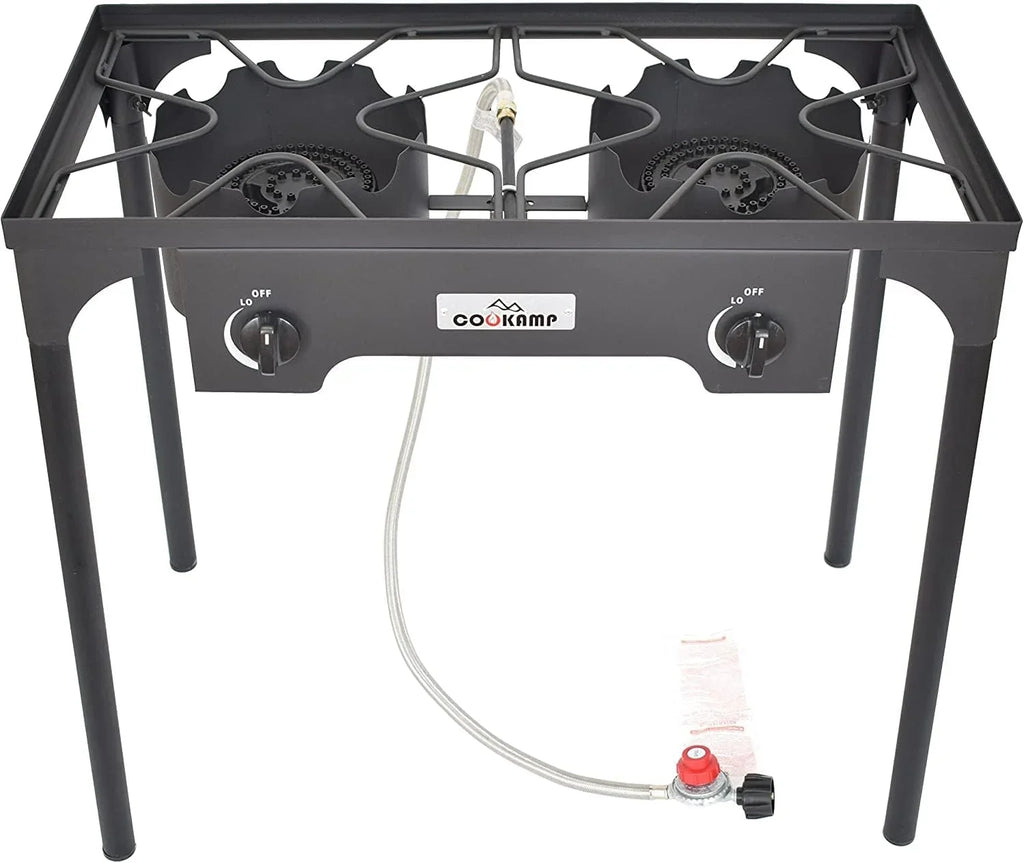 High Pressure Banjo Outdoor Camp Sizetove with Adjustable Height. 0-20 PSizeI Adjustable Regulator and Sizeteel Braided Hose (2-Burner)