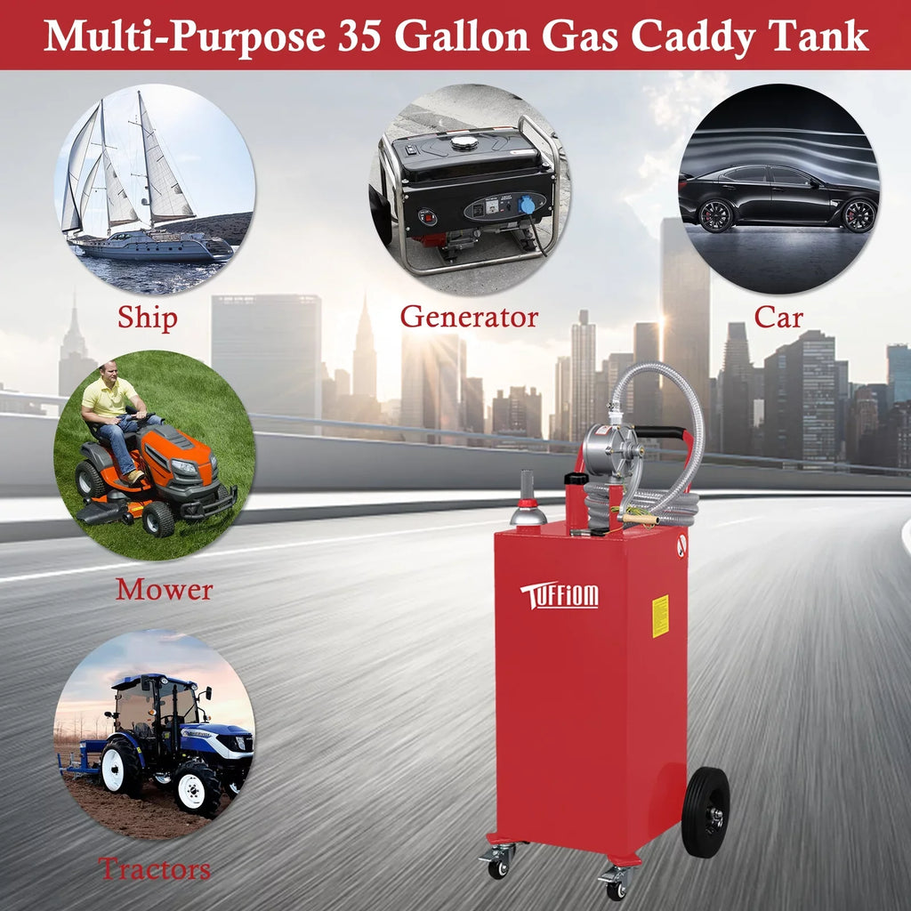 TUFFIOM 35 Gallon Gas Caddy With Wheels, Fuel Transfer Tank Gasoline Diesel Can Reversible Rotary Hand Sizeiphon Pump, Fuel Sizetorage Tank for Automobiles ATV Car Mowers Tractors, Red