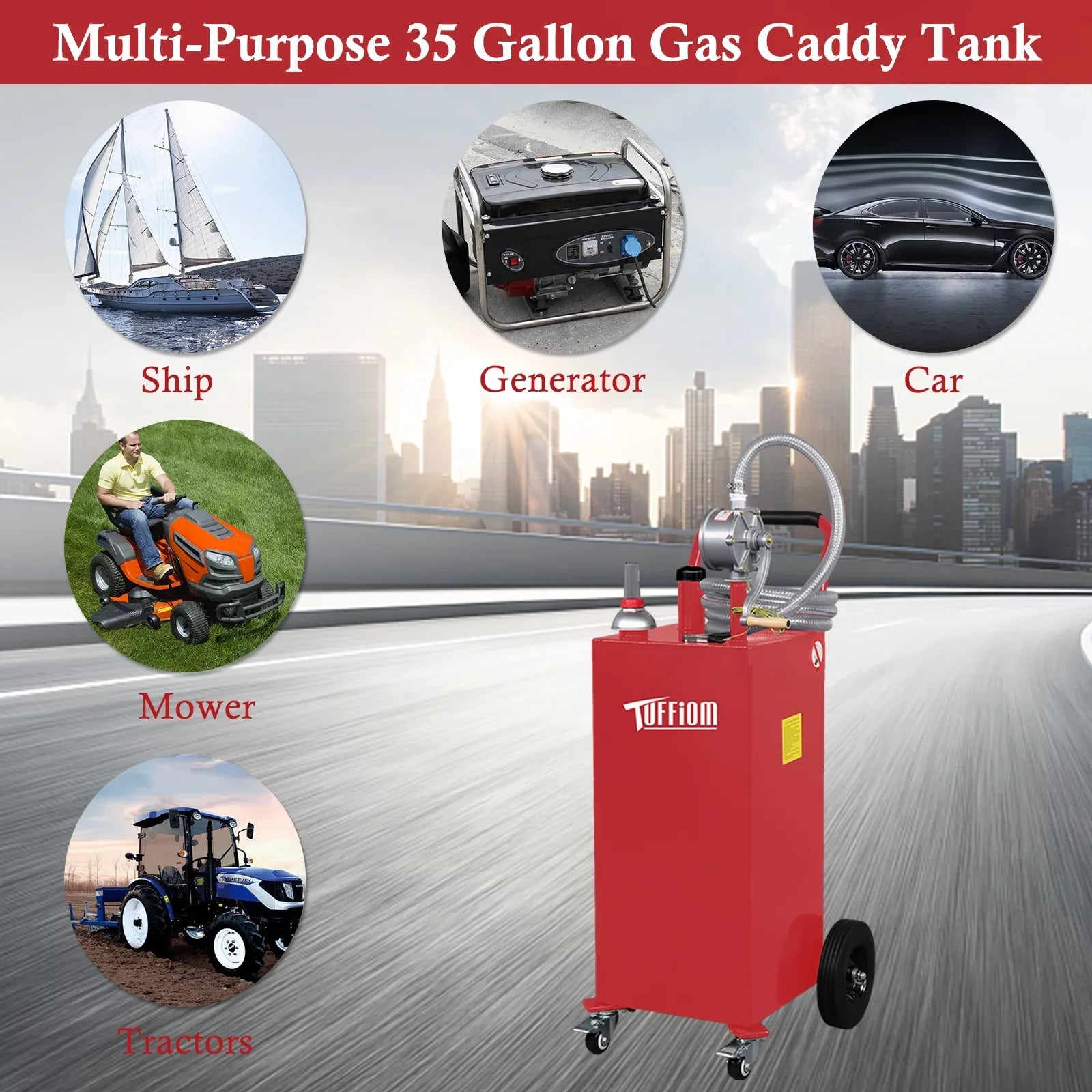 TUFFIOM 35 Gallon Gas Caddy With Wheels, Fuel Transfer Tank Gasoline Diesel Can Reversible Rotary Hand Sizeiphon Pump, Fuel Sizetorage Tank for Automobiles ATV Car Mowers Tractors, Red