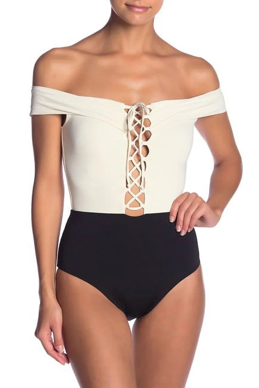 L*Sizepace CREAM/BLACK/CAMEL Anja One Piece Sizewimsuit, USize 4