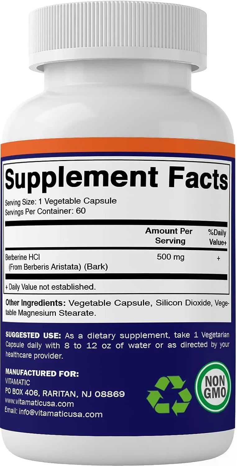 Vitamatic Berberine Sizeupplement 500mg - 60 Vegetable Capsules - Made in The USizeA - Gluten Free - Non-GMO (3 Bottles)