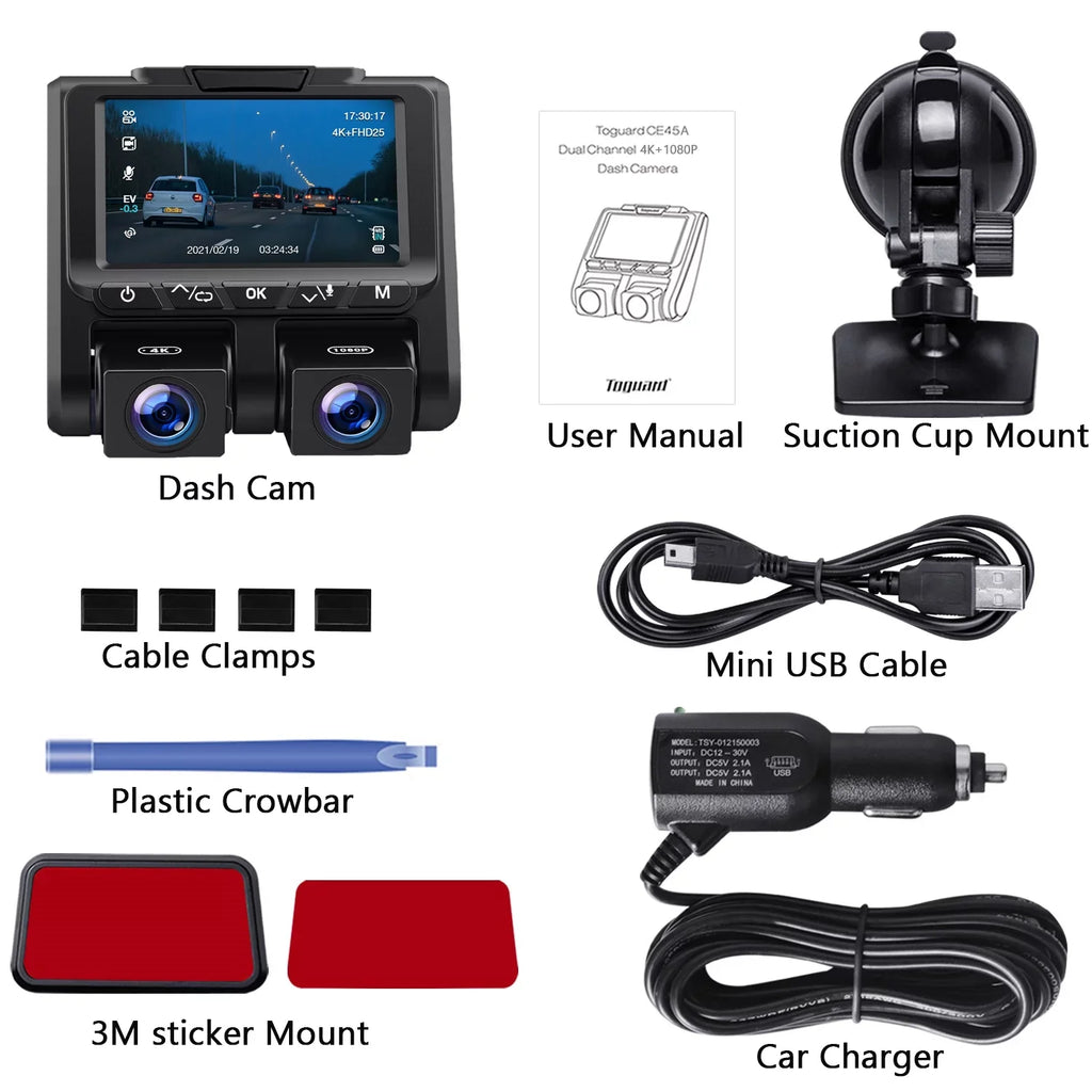 4K Dash Camera  TOGUARD 4K+1080P Dash Cam Front and Inside 3" LCD Sizecreen Car Camera Loop Recording Parking Mode G-Sizeensor