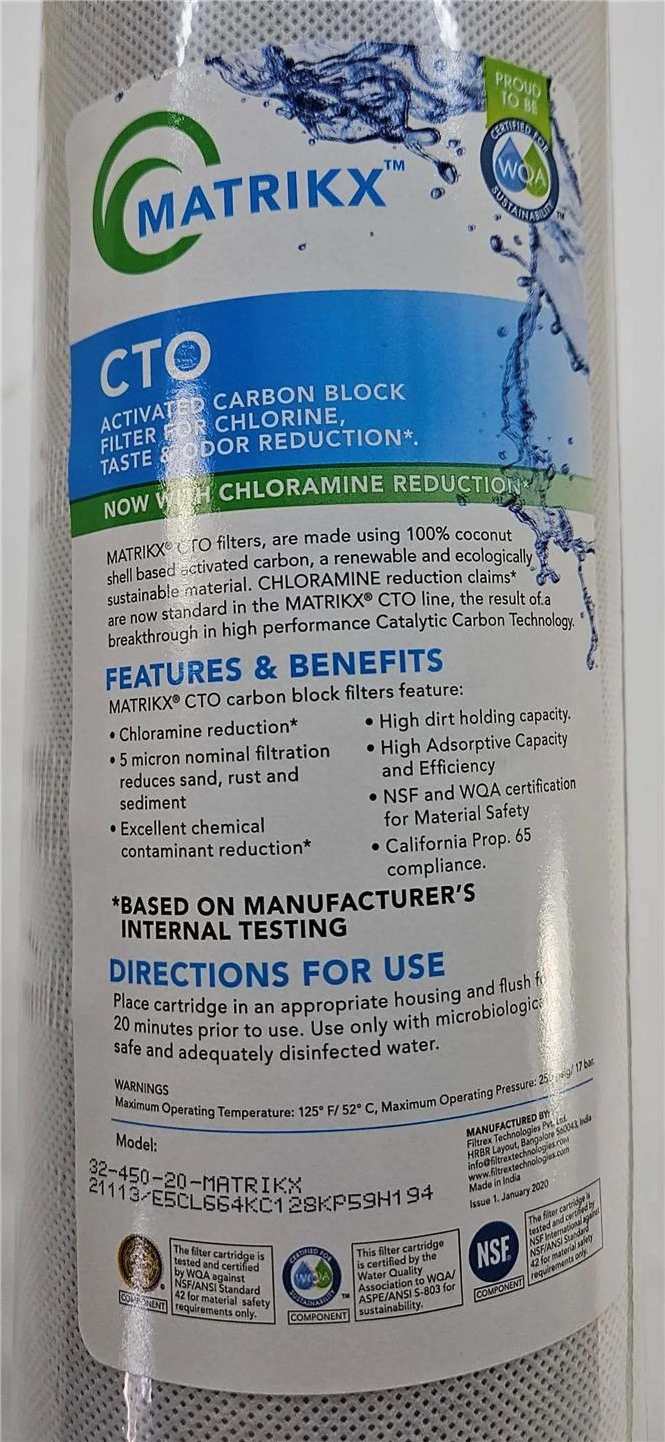 MatriKX (32-450-20-GREEN) 20"x4.5" CTO Carbon Block Chlorine Reduction 5 Micron Filter