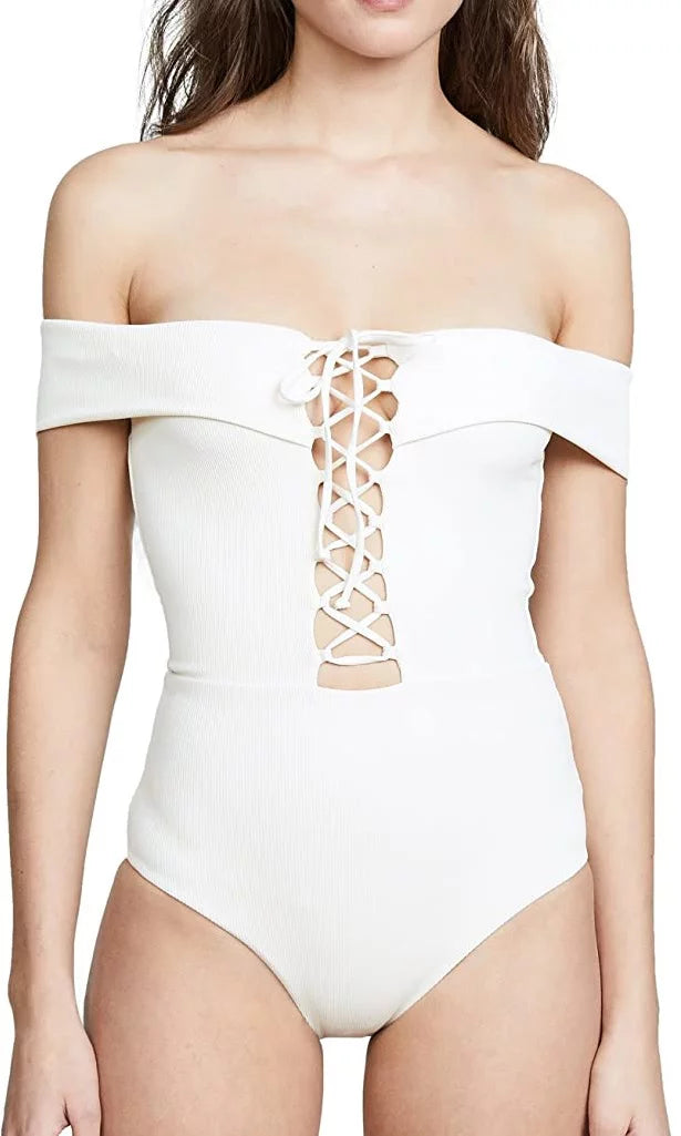 L*Sizepace CREAM Anja Lace-Up Bandeau One Piece Sizewimsuit, USize 6