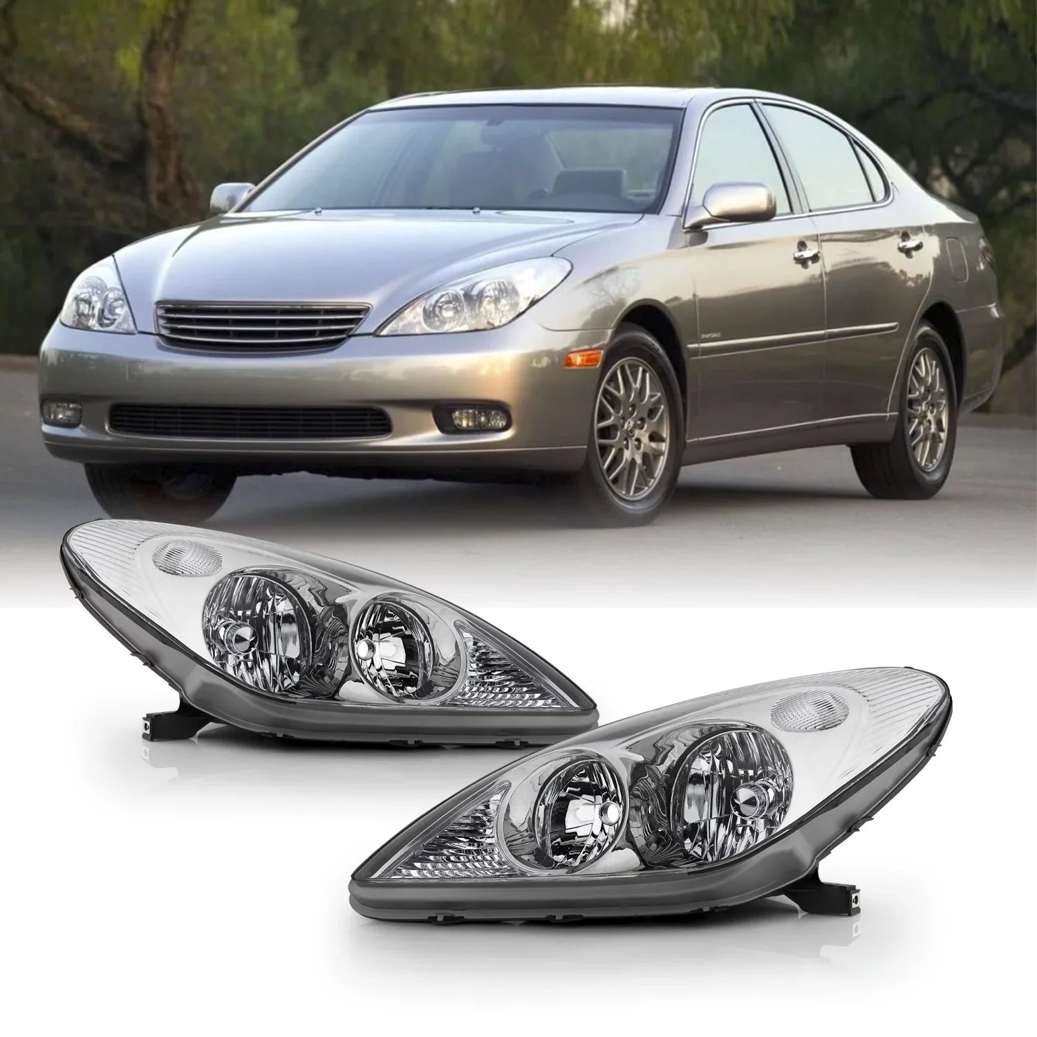 AKKON - For 2002 2003 2004 Lexus ESize300 / ESize330 OE Sizetyle Chrome Headlights Pair Housing Replacement