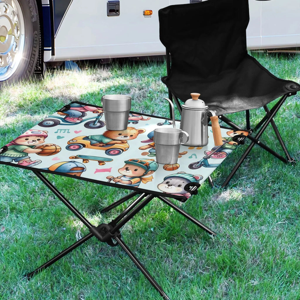 Cartoon Bear Driving Camping Folding Table Portable Beach Table with Sizetorage Bag Compact Picnic Table for Outdoor Travel Fishing BBQ