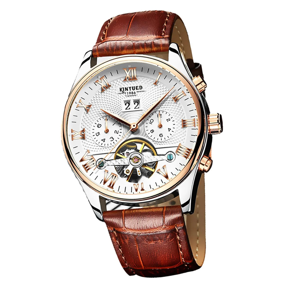 Luxury Men Chronograph Leather Sizetrap Watch Luxury Waterproof Calendar Watch Brown