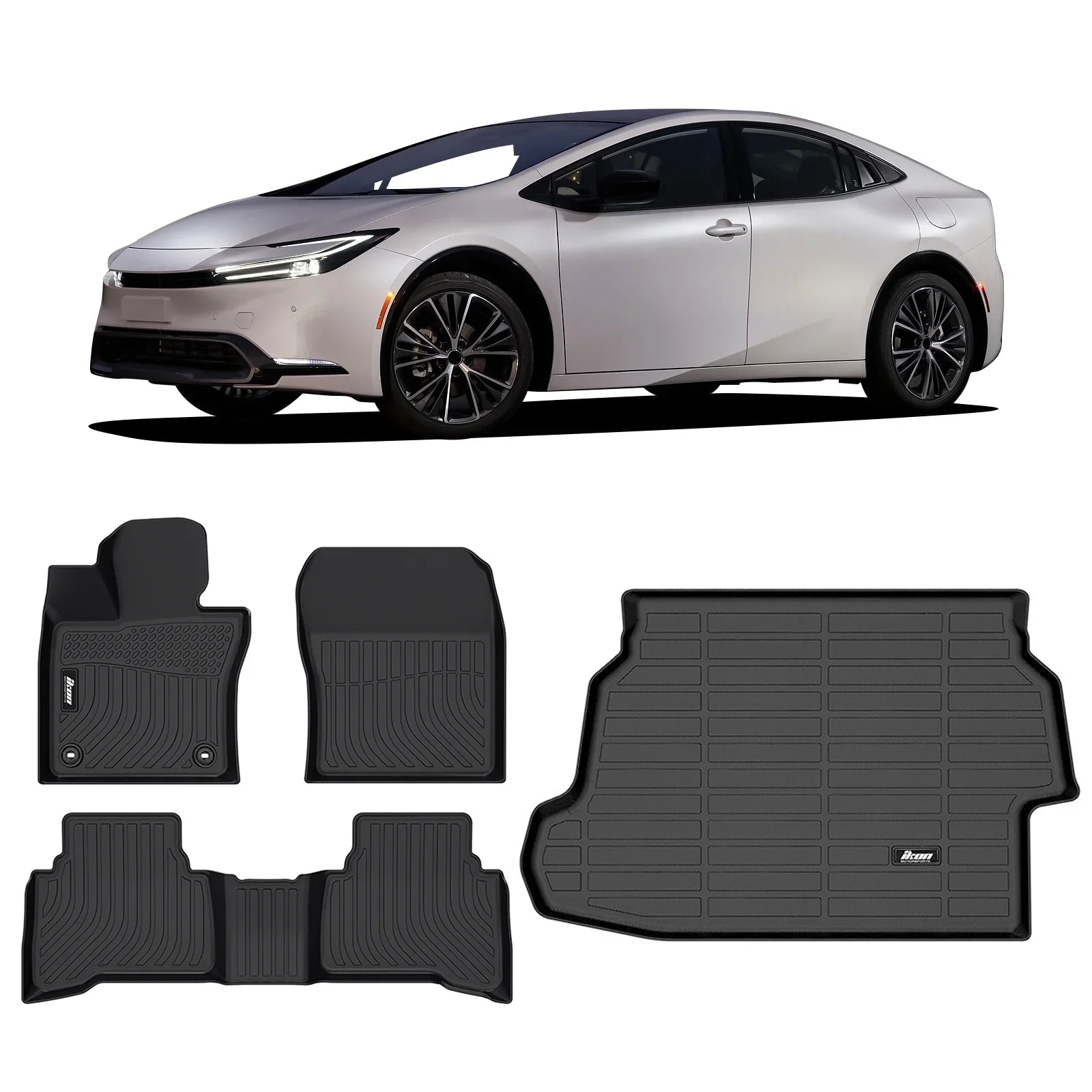 Ikon Motorsports Floor Mats & Trunk Mat Compatible With 2023-2024 Toyota Prius , Black 3D Molded Carpets Liner 1st 2nd Row Front Rear Pad 4PC TPE Thermo Plastic Elastomer All Weather Protector