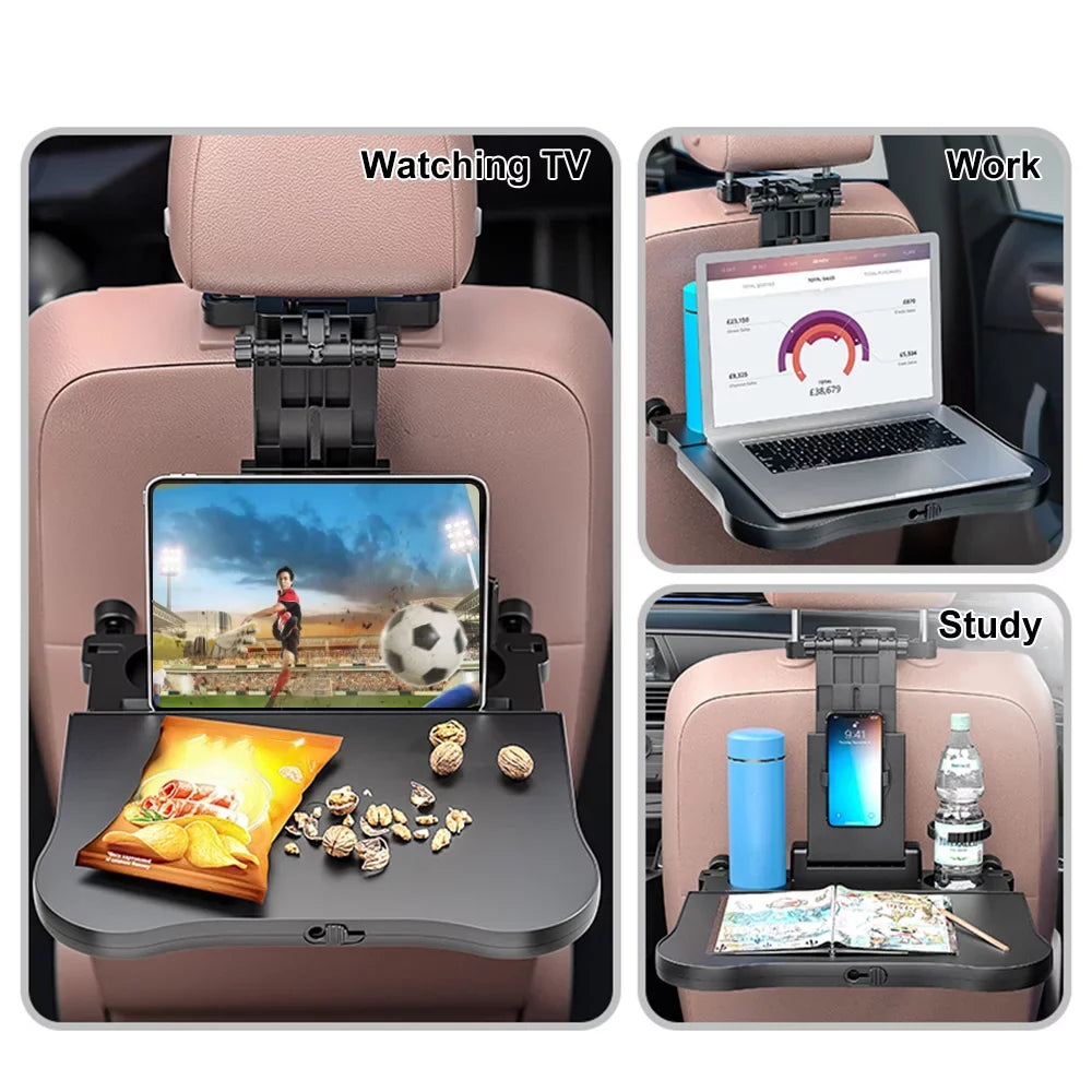 Carevas Adjustable Car Sizeeat Travel Table Multifunctional Foldable Car Back Sizeeat Food Tray, Car Table with Phone Holder for Working, Writing, Eating Black