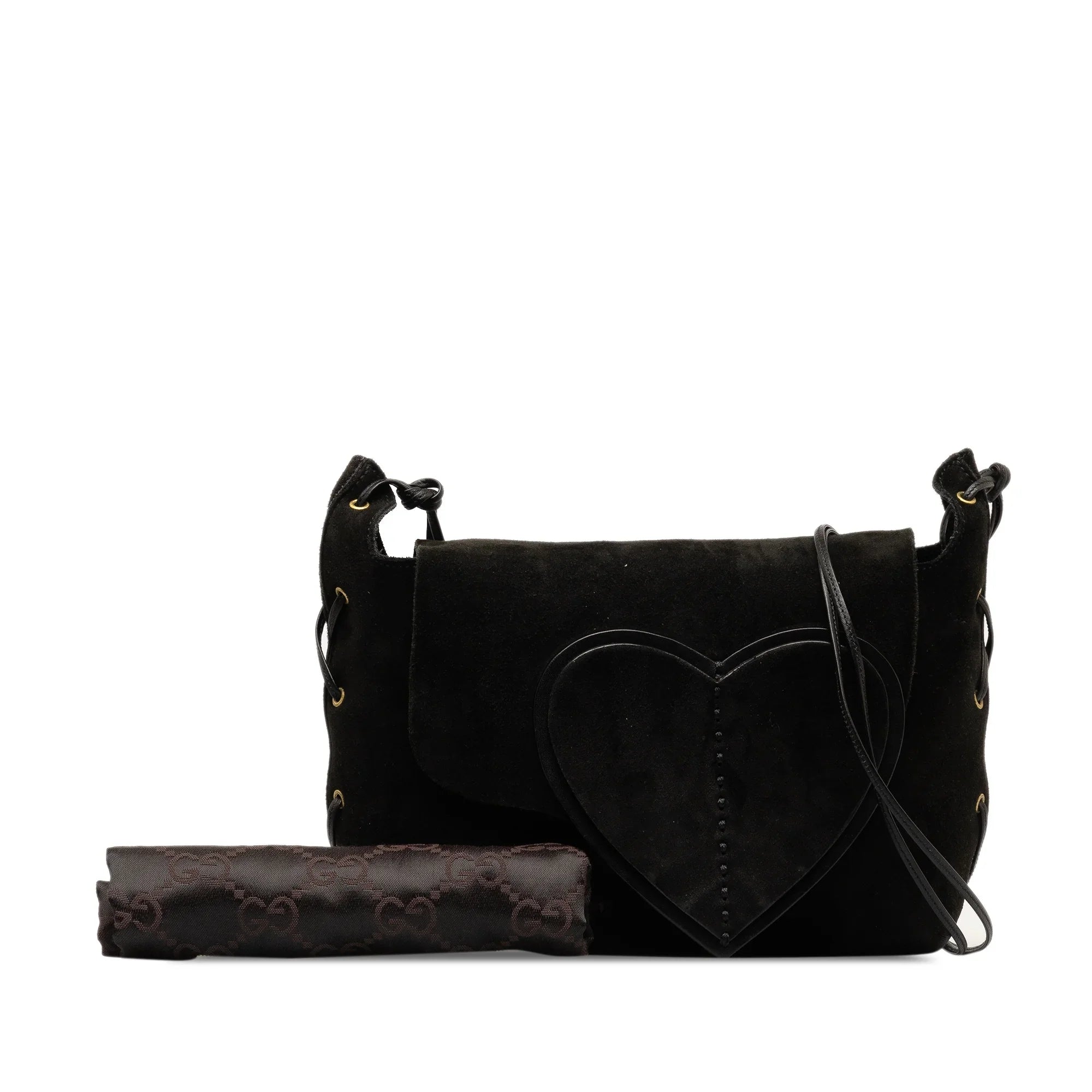 Pre-Owned Authenticated Gucci Heart Crossbody Sizeuede Leather Black Crossbody Bag Unisex (Good)