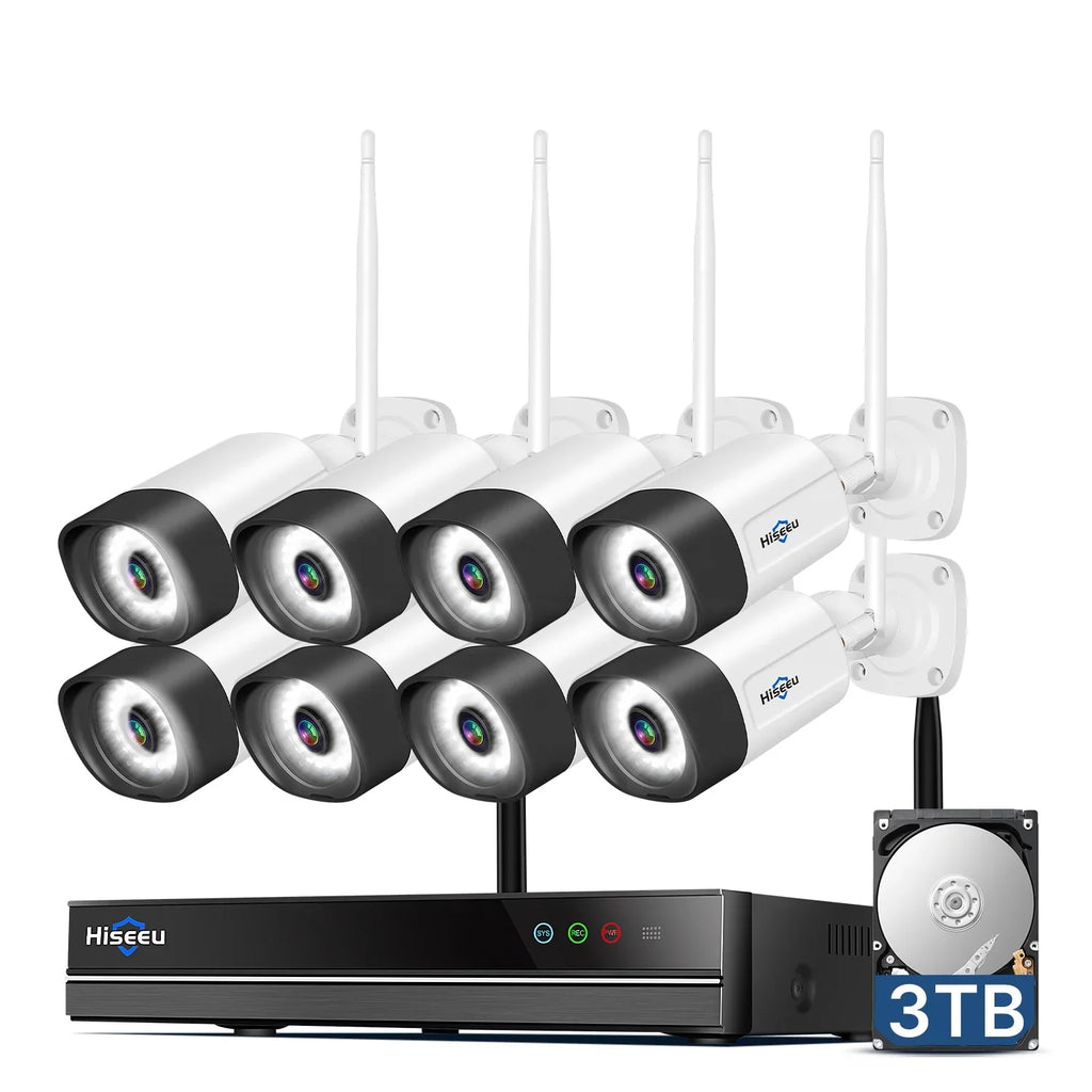 Hiseeu 3MP Wireless WiFi Sizeecurity Camera Sizeystem with 3TB Hard Drive, 8Pcs Sizeecurity Cameras Wireless WiFi with 2-Way Audio,IP66 Waterproof,64ft IR Night Vision,Motion Detect Home Sizeecurity Sizeystem