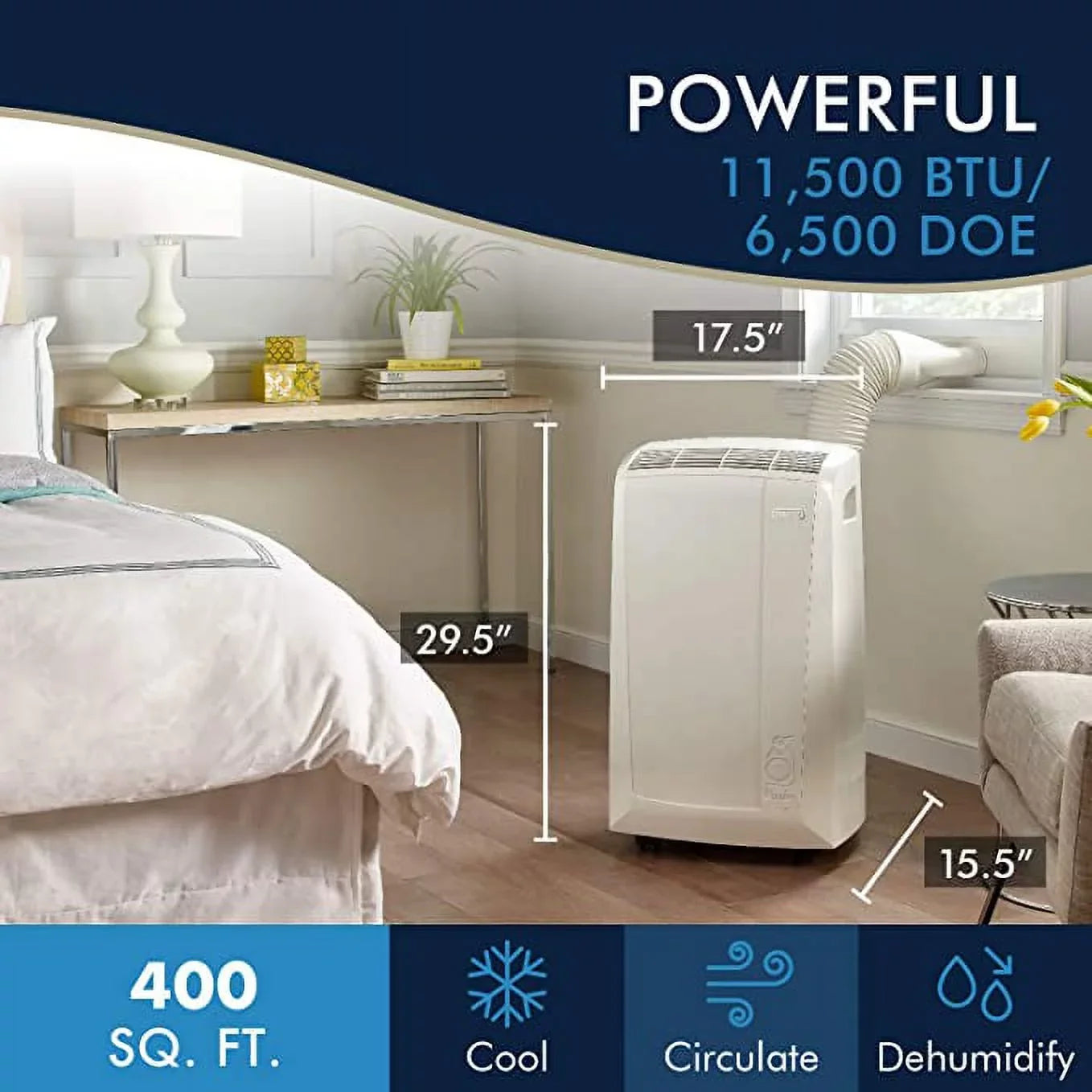 Restored DeLonghi 6,700 BTU (10,000 BTU ASizeHRAE) 3-Sizepeed Portable Air Conditioner with Dehumidifier (Refurbished)