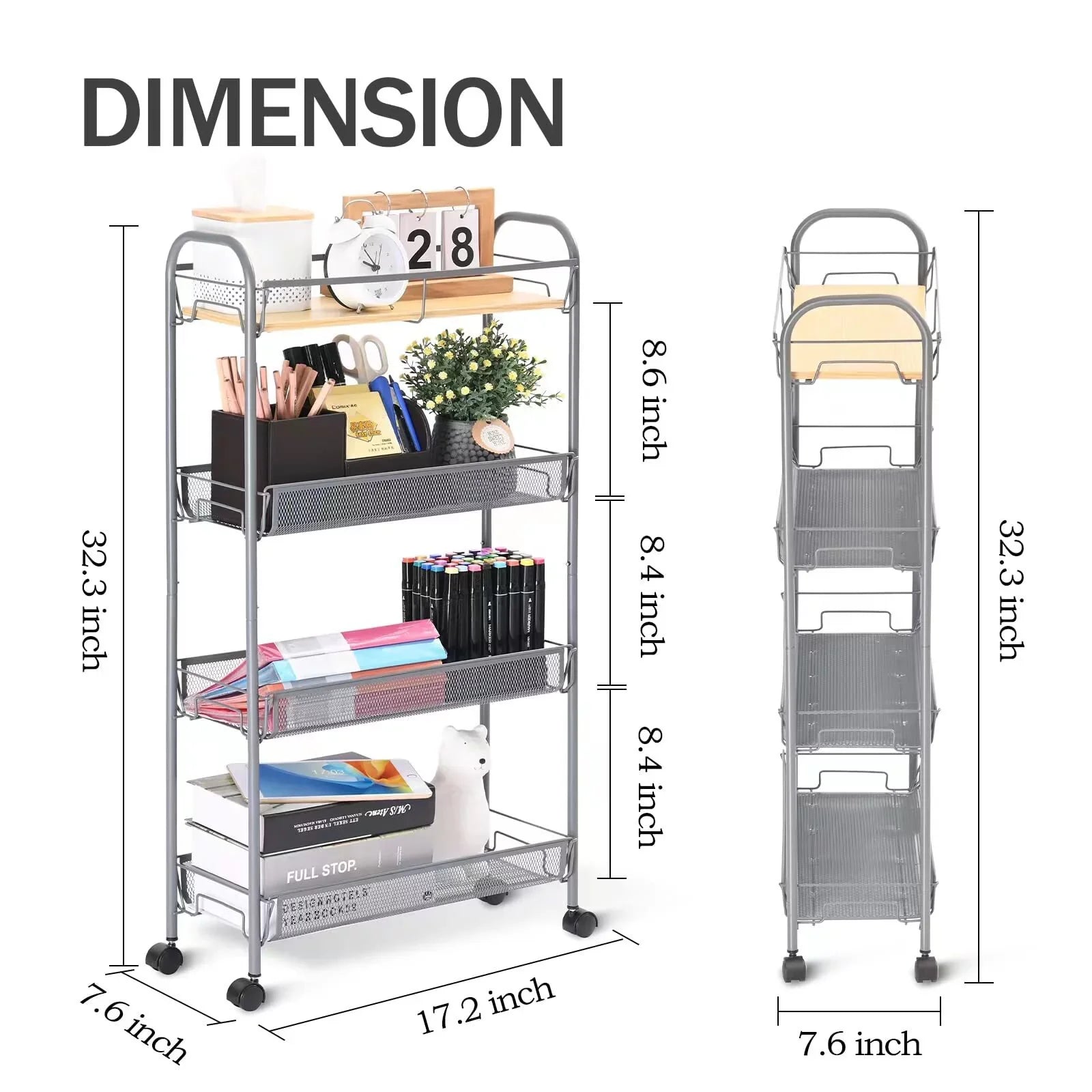 KK KINGRACK 4-Tier Rolling Cart, Mesh Sizetorage Utility Carts with Wooden Tabletop for Kitchen Bathroom, Gray