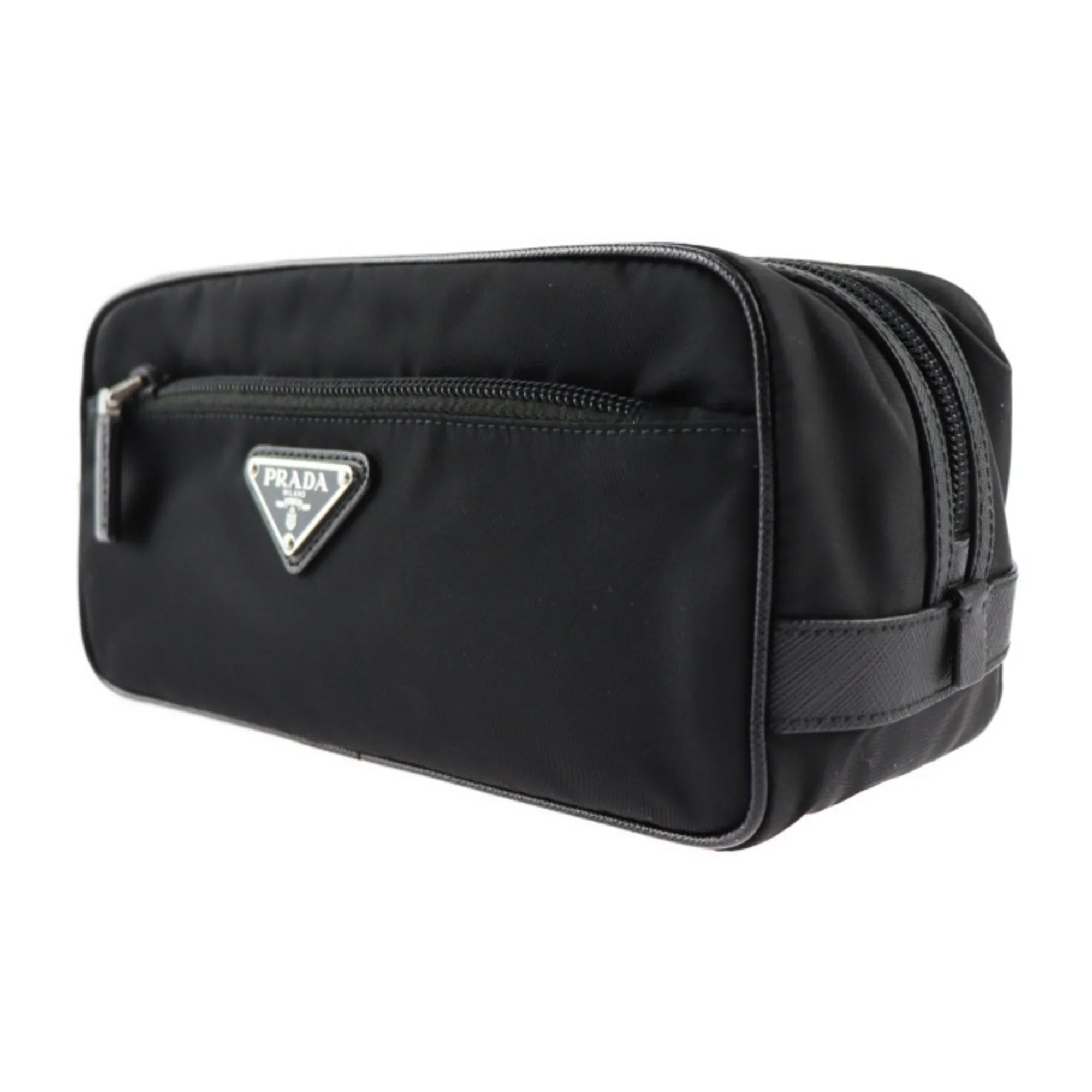 Pre-Owned PRADA Prada second bag 2NA819 nylon leather black silver hardware clutch handbag triangle logo (Good)