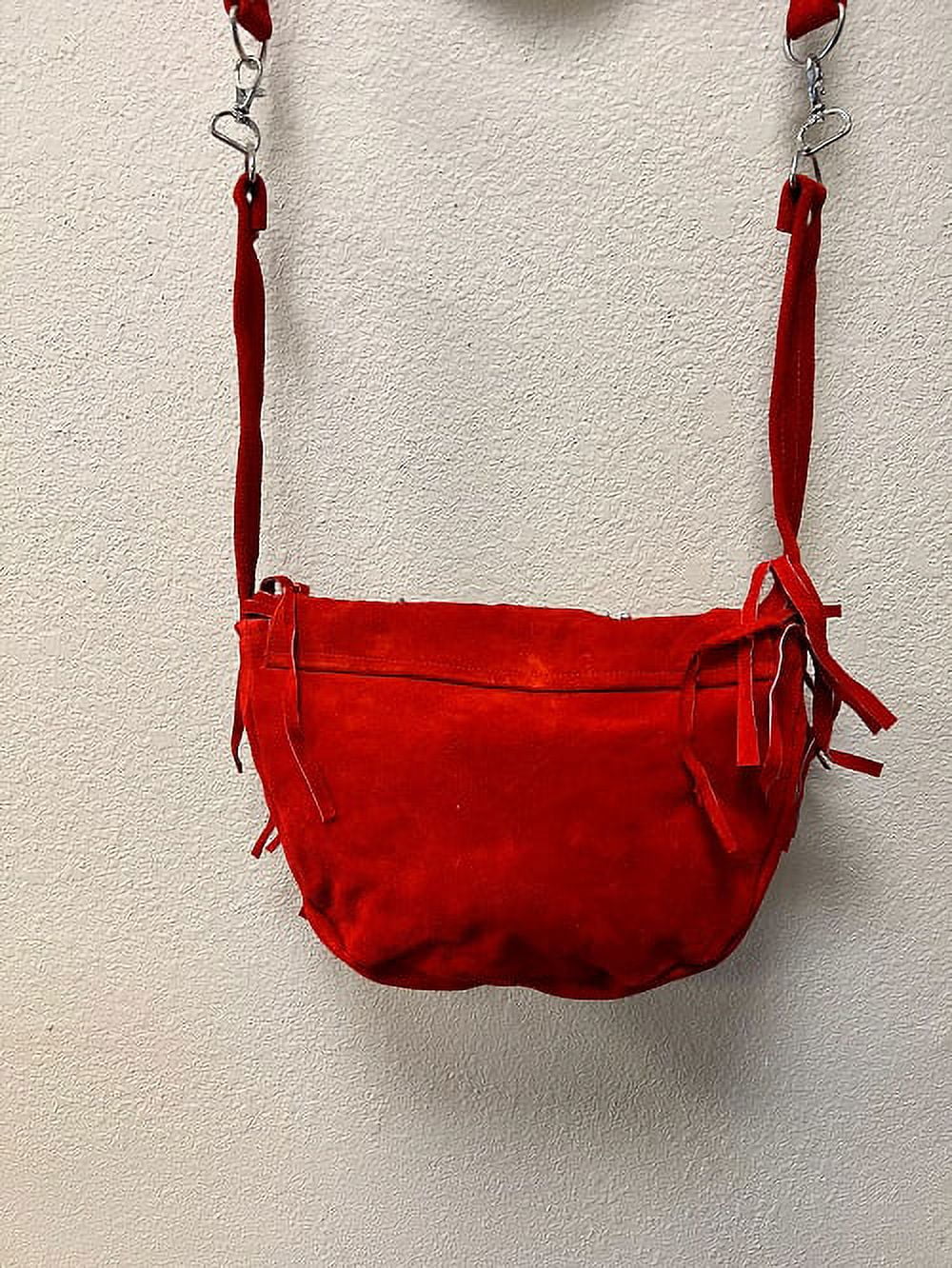 Ladies Fashion Motorcycle Heavy Duty Western Sizetyle Red Sizeuede Cowhide Leather Handbag With Beads,Bones & Fringe