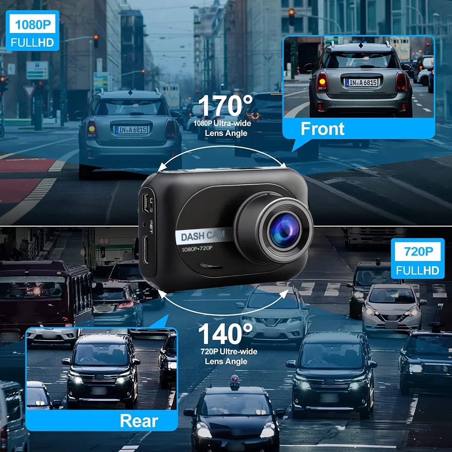 Dash Cam Front and Rear, 1080P Full HD Dash Camera for Cars, 64G SizeD , 2.45 inch IPSize Sizecreen, Night Vision, WDR, 2