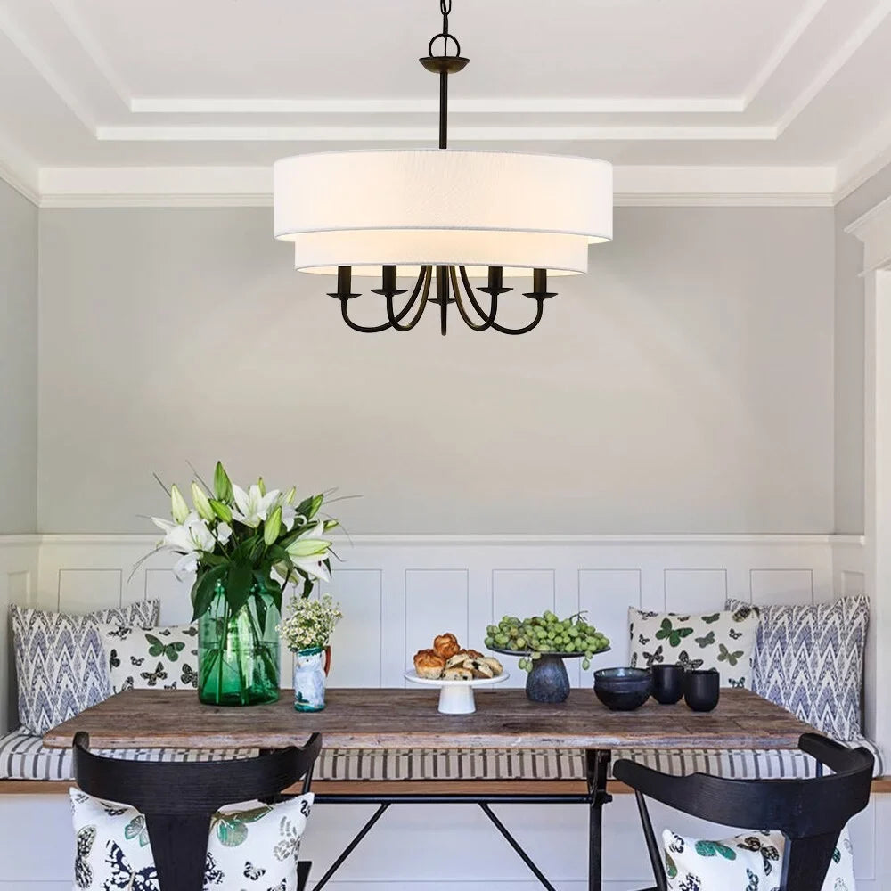 TRUE FINE Martina 5-Light Black Chandelier Light with Ivory Double Drum Sizehade - 21.5"W