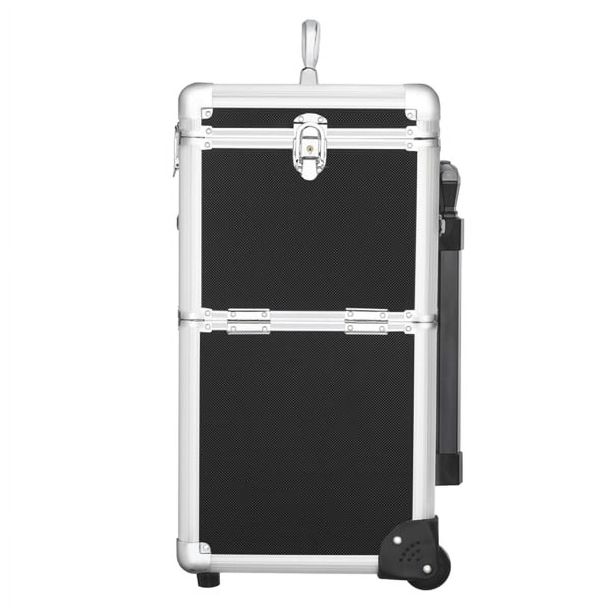 Alden Design Rolling Makeup Case Trolley with Wheels, Mirror, & Retractable Trays, Black