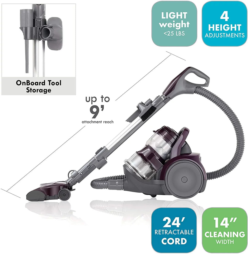 FJU Friendly Lightweight Bagless Compact Canister Vacuum, HEPA, Extended Telescoping Wand, Retractable Cord and 2 Cleaning Tools, Pet PowerMate + 2 Motor Power, Purple