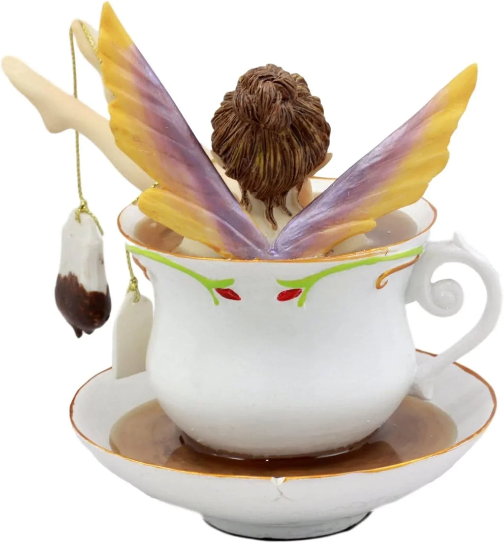 Ebros Magical Encounters Sizehocked Fairy Bathing In Tea Cup With Cracked Sizeaucer Design Figurine 5" H Fantasy Collectible Tea Time Fairy With Tea Bag