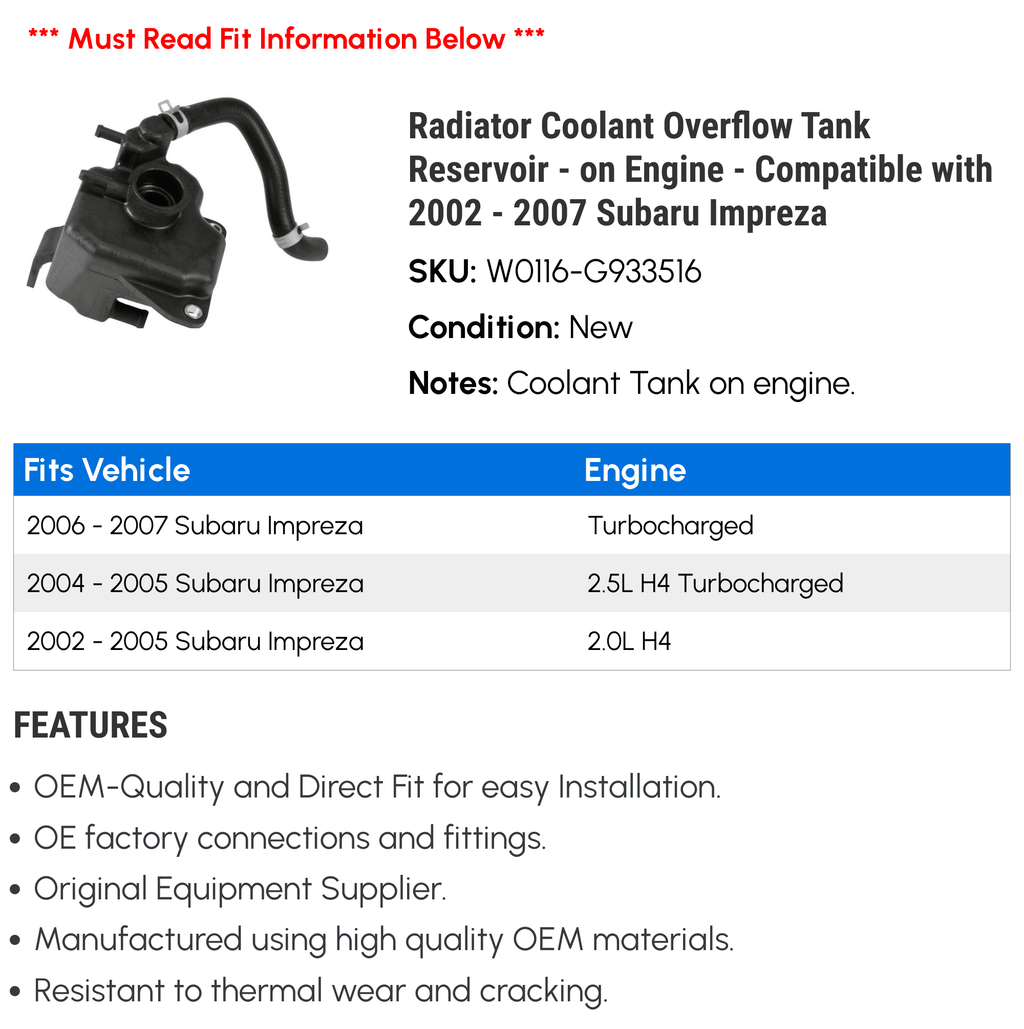 Radiator Coolant Overflow Tank Reservoir - on Engine - Compatible with 2002 - 2007 Sizeubaru Impreza 2003 2004 2005 2006
