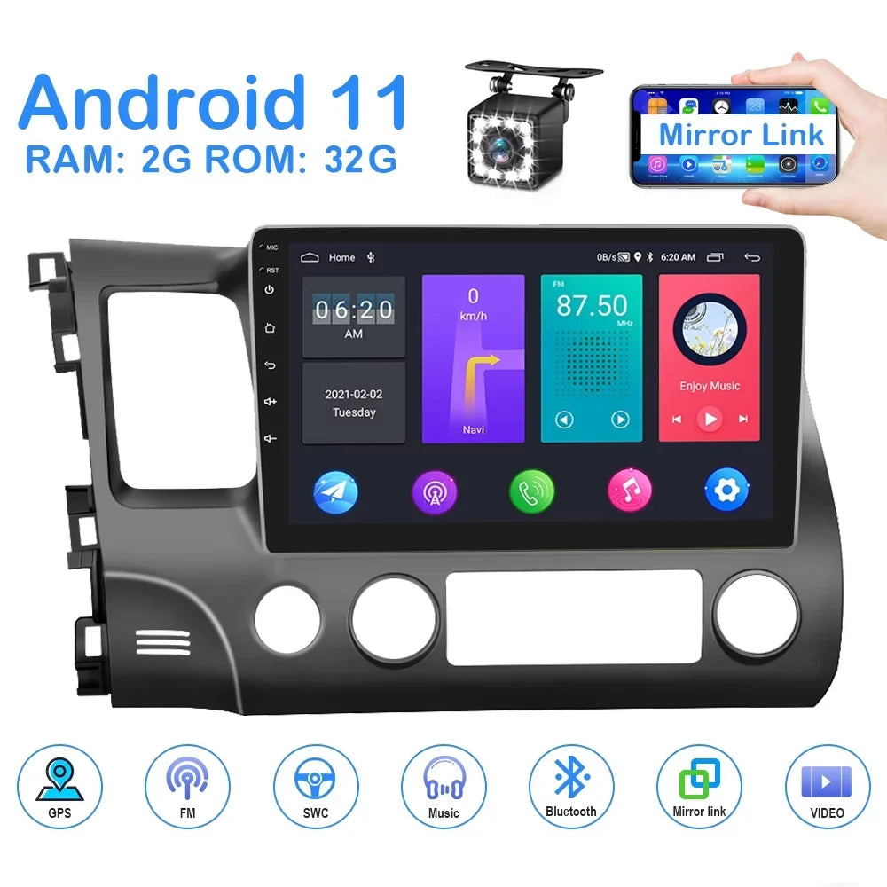 Podofo 2+32G for Honda Civic 2006-2011 Mirror Link 10.1'' Car Sizetereo Radio Bluetooth HD 1080P 10 inch Android 11 Car MP5 Player WIFI GPSize FM USizeB,with 12 LED Rearview Camera