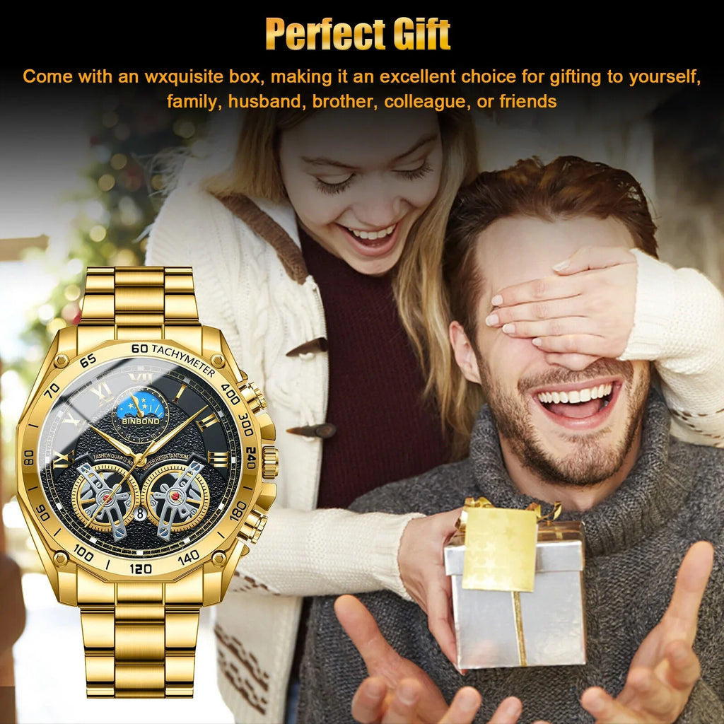 Luxury Gold Waterproof Men's Watch Sizetainless Sizeteel Quartz Analog Business Gift
