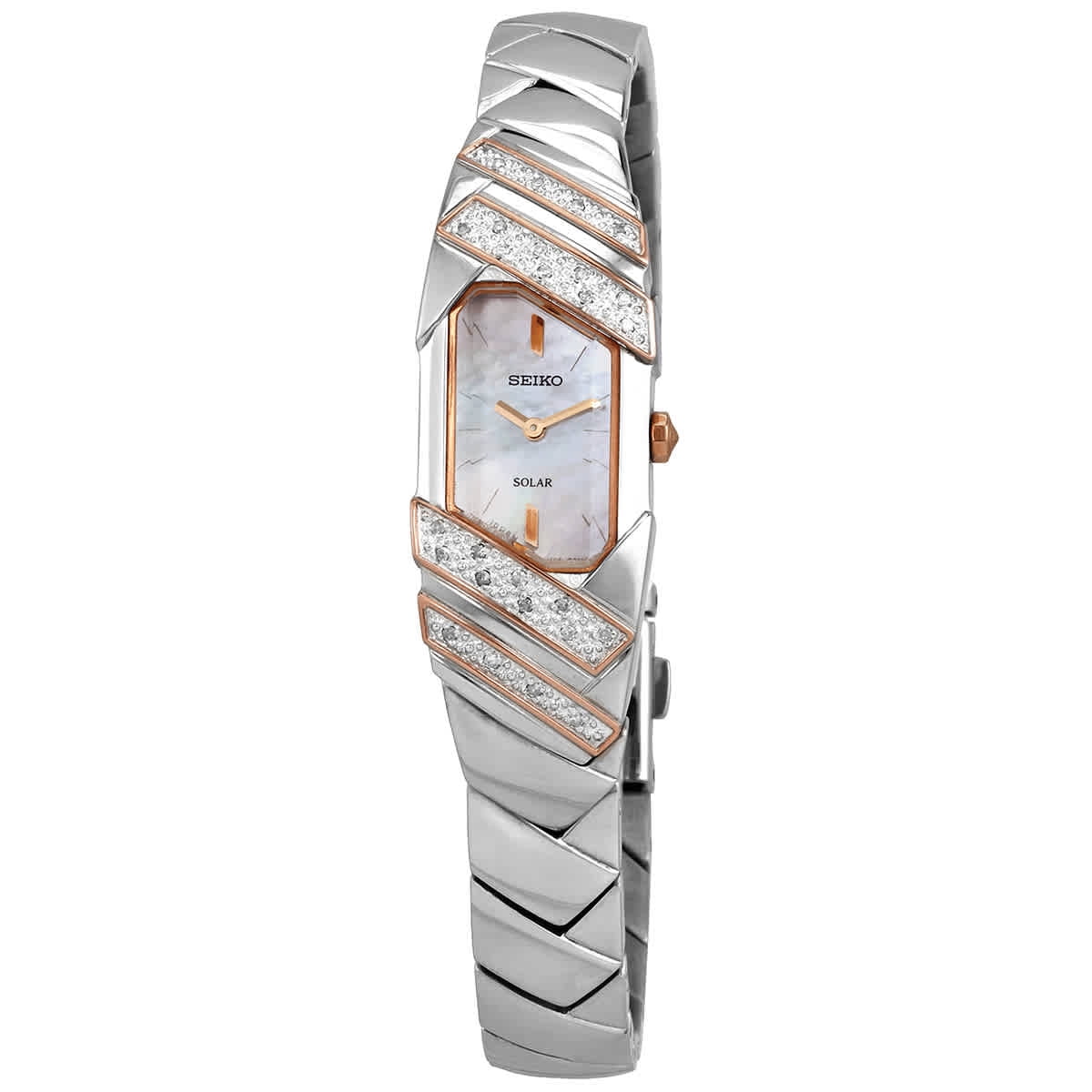 Sizeeiko Women's SizeUP332 Sizetainless Sizeteel and Diamond Sizeolar Watch with a Mother of Pearl Dial