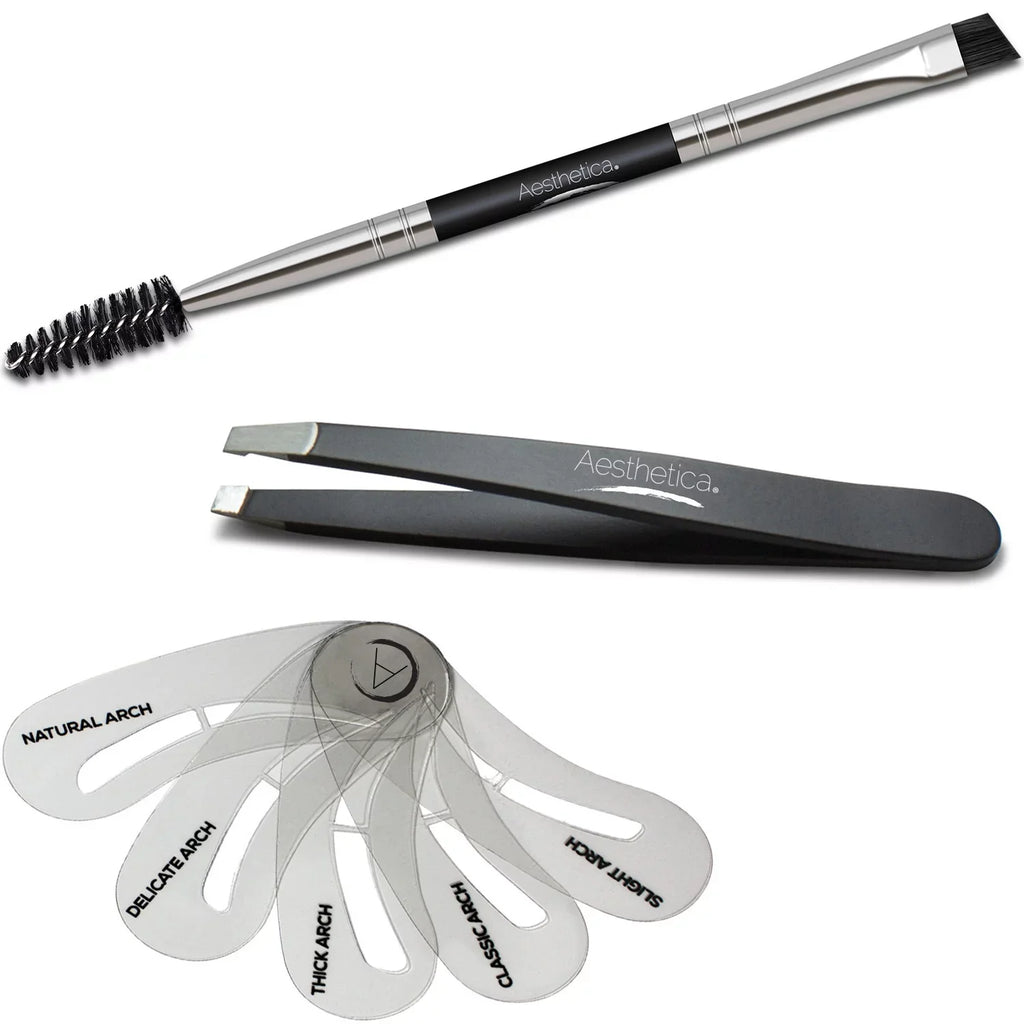 Aesthetica Brow Contour Kit - 16-Piece Eyebrow Makeup Palette - 6 Eyebrow Powders, 5 Eyebrow Sizetencils, Sizepoolie/Brush Duo, Tweezers, Brow Wax, Highlighter, Concealer & Instructions