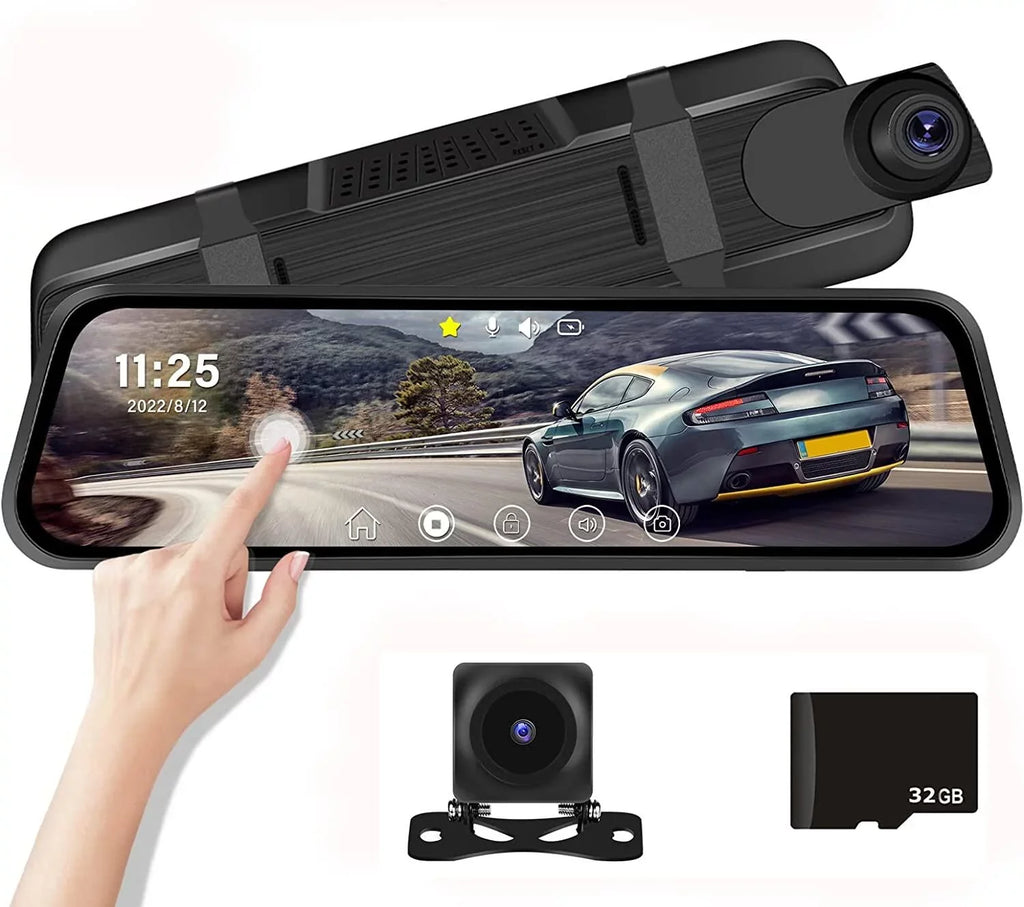 Podofo 9.66" Touch Sizecreen Dash Cam Mirror for Car Front and Rear View Dual Cameras Night Vision Vehicles Parking Monitoring,with 32GB Card