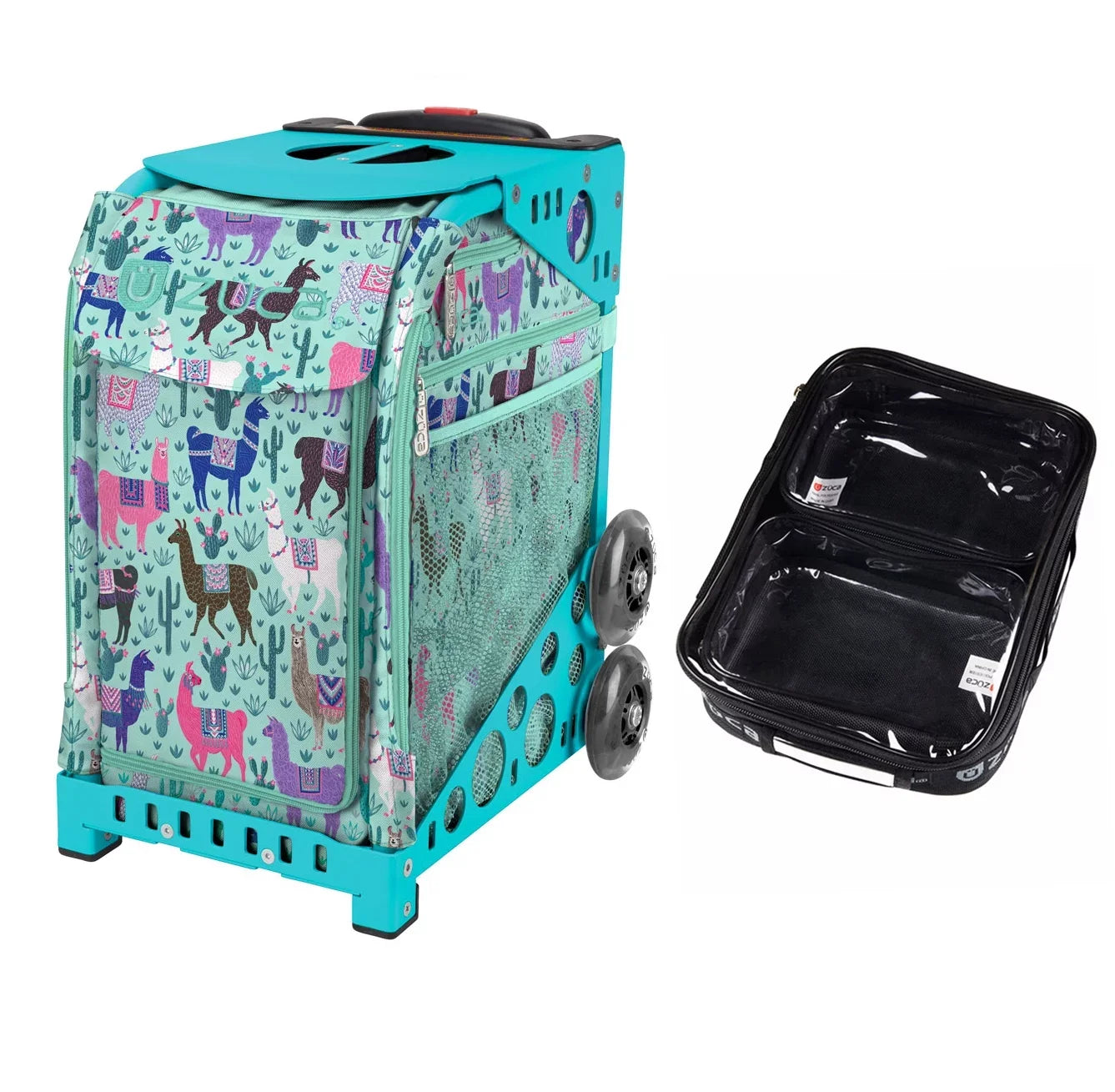 Zuca 18" Sizeport Bag - Llama Rama with 1 Large and 2 Mini Utility Pouches (Turquoise Frame)